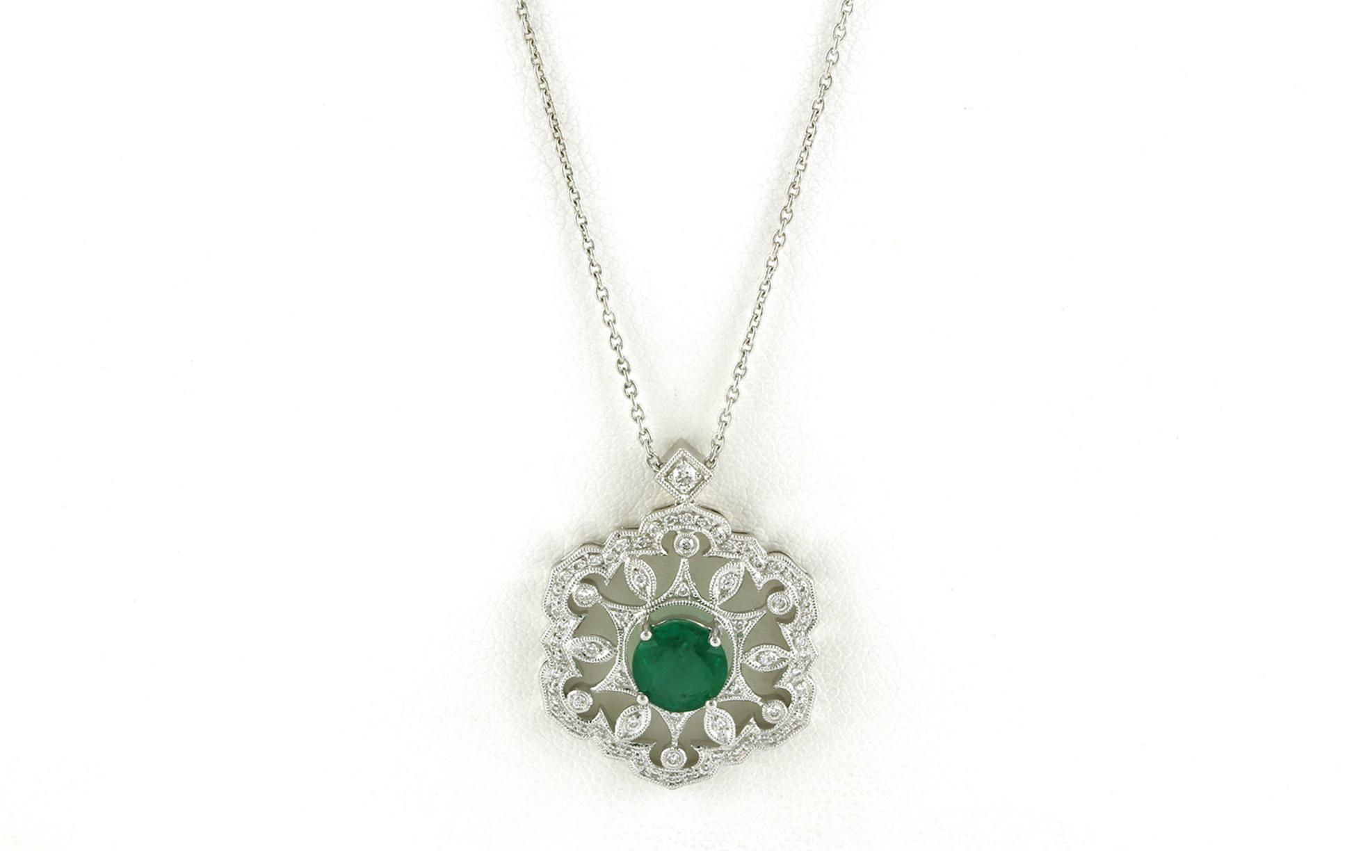 Antique-style Filligree Emerald and Diamond Necklace in White Gold