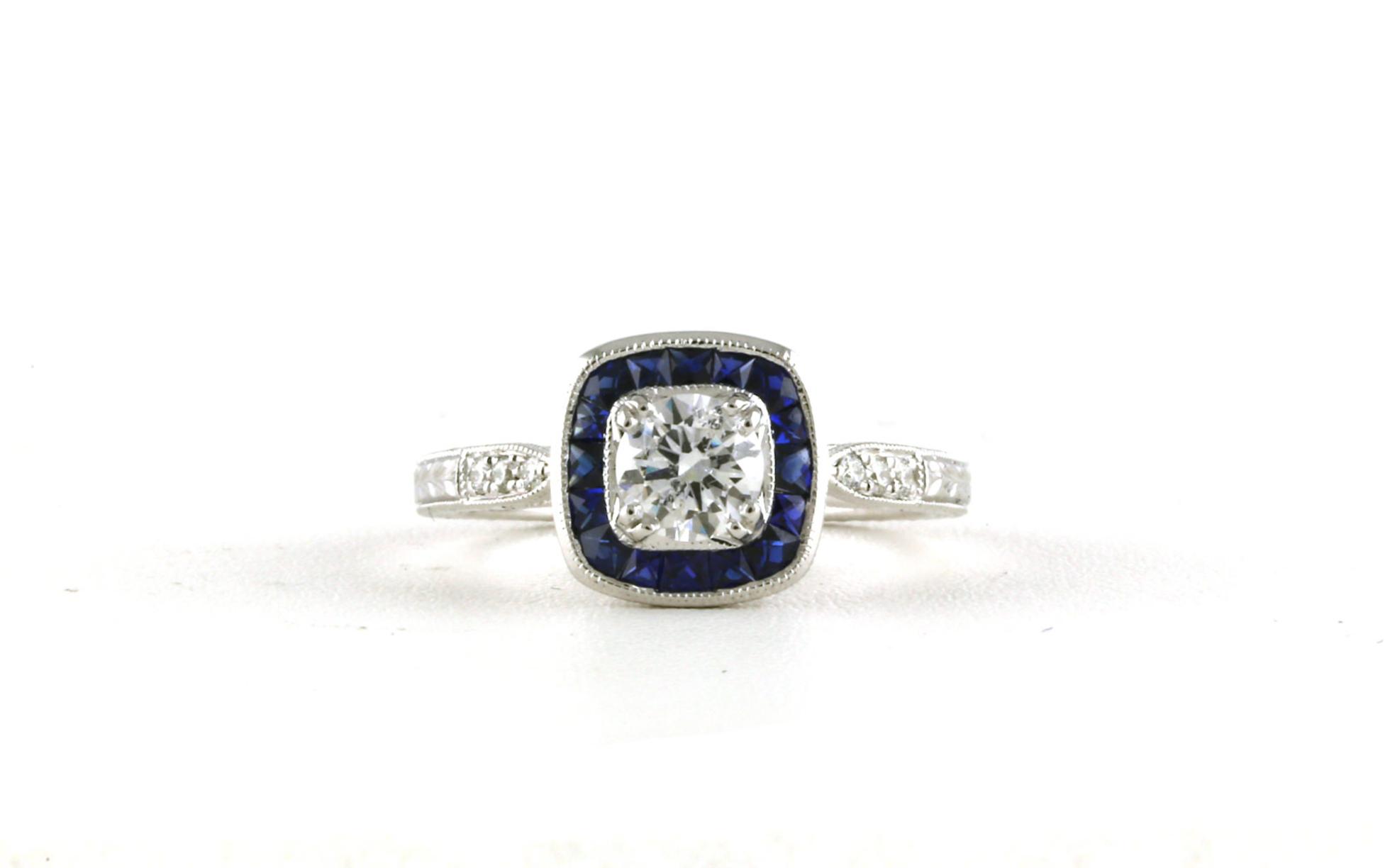 Diamond Engagement Ring Sapphire Halo Engraving in White Gold
