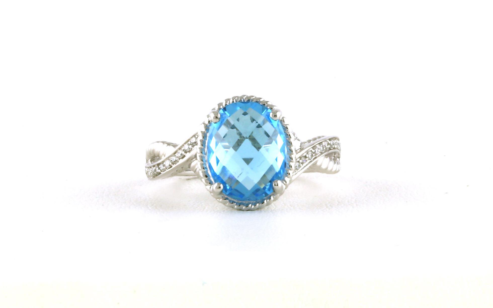 Halo-style Oval Blue Topaz and Diamond Ring with Rope Detail in White Gold