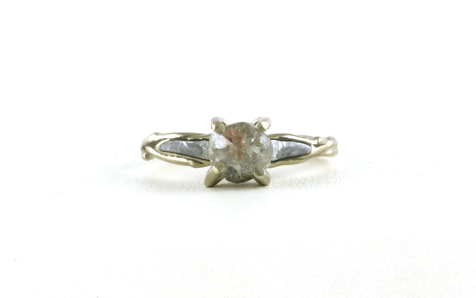 Raw Diamond Ring with Meteorite Inlay in Matte Finish White Gold