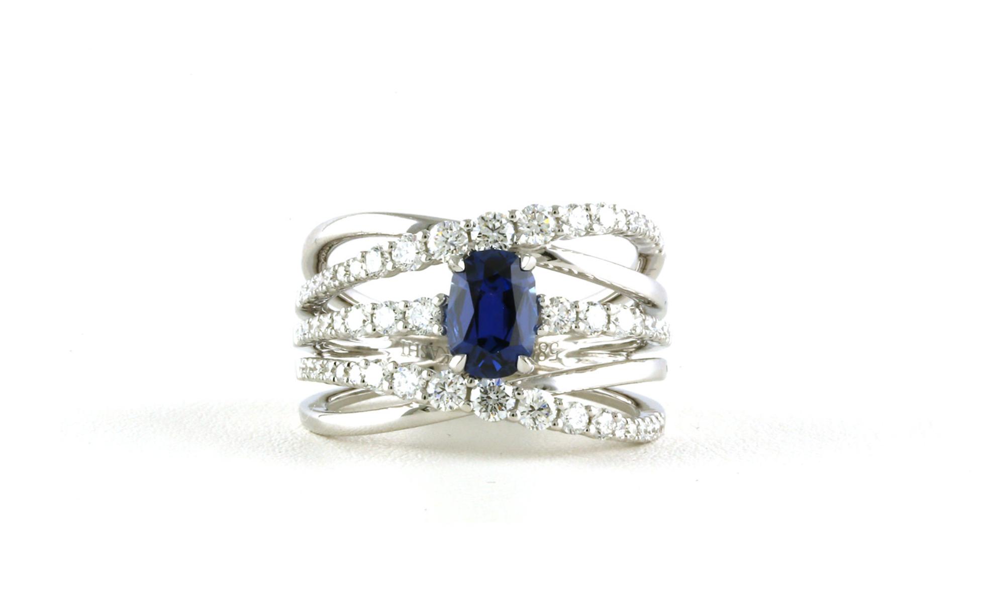 Wide 5-Row Crossover Oval Montana Yogo Sapphire and Diamond Ring in White Gold
