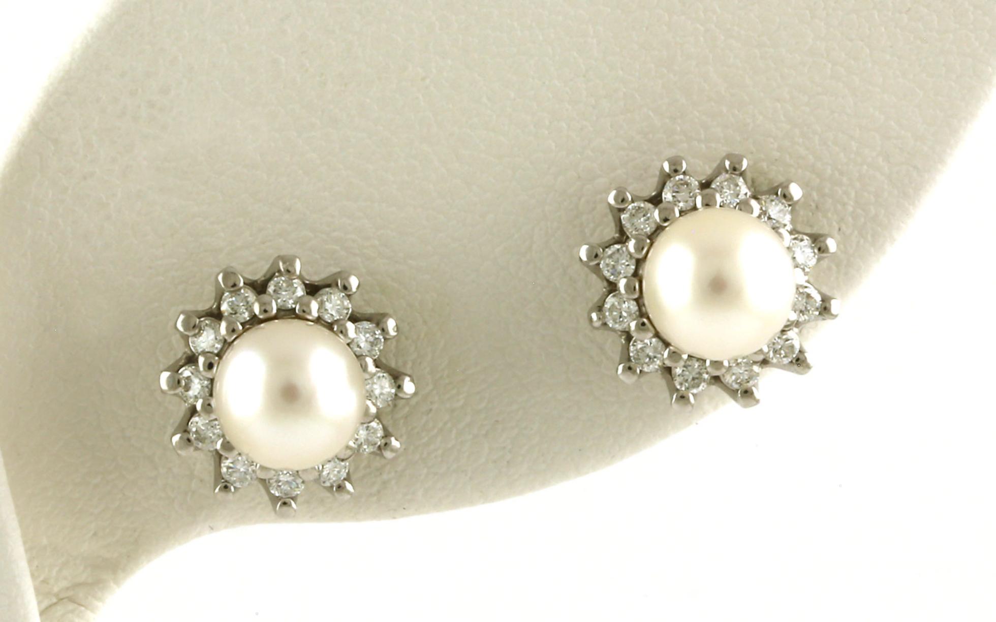 Halo-style Pearl and Diamond Stud Earrings in White Gold