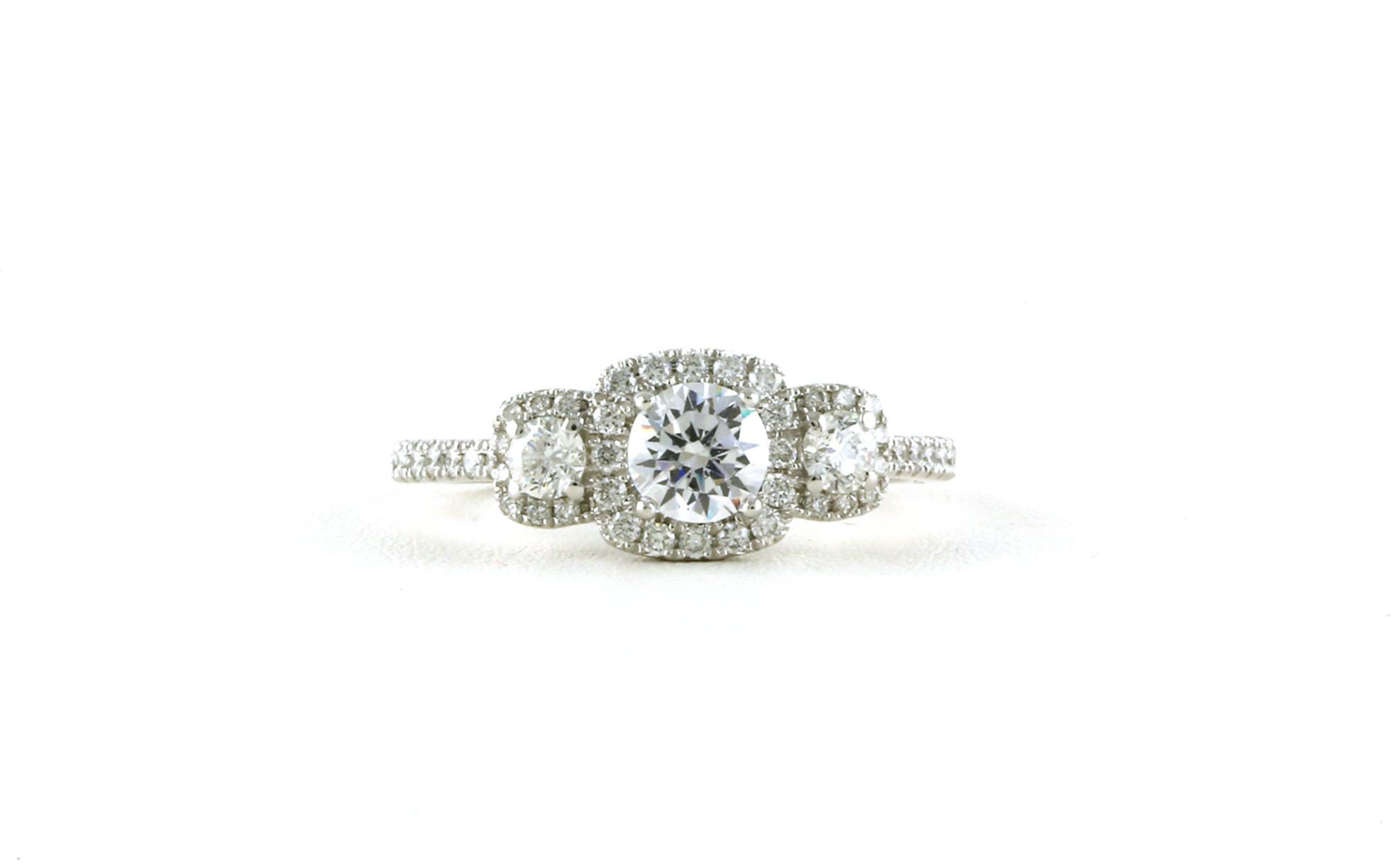 3-Stone Halo-style Engagement Ring Mounting in White Gold