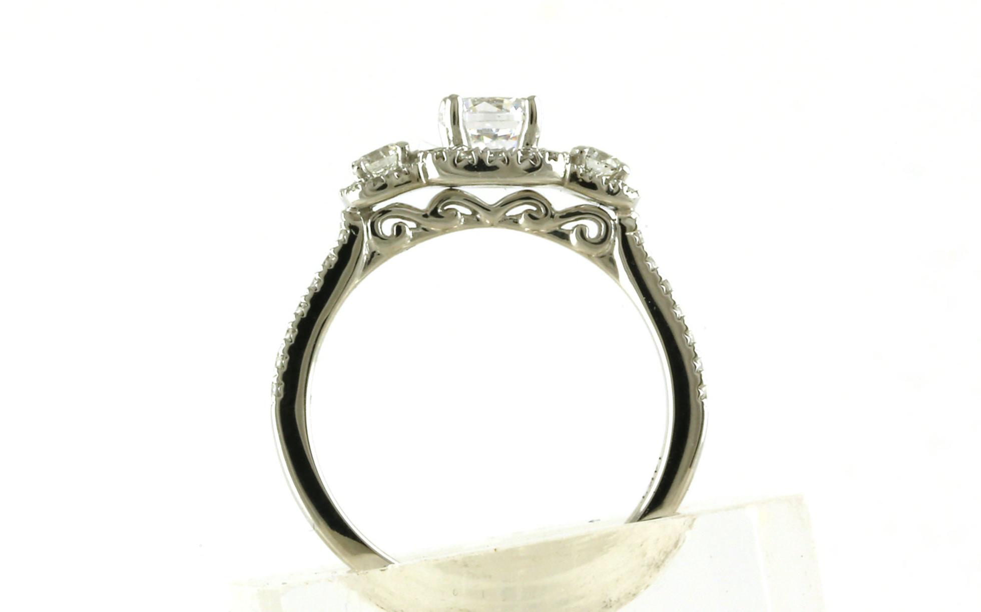 3-Stone Halo-style Engagement Ring Mounting in White Gold
