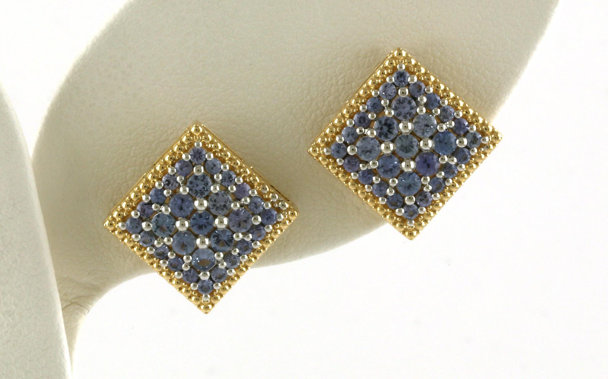 Square Cluster Montana Yogo Sapphire Stud Earrings with Beaded Edge in Yellow Gold (1.24cts TWT)