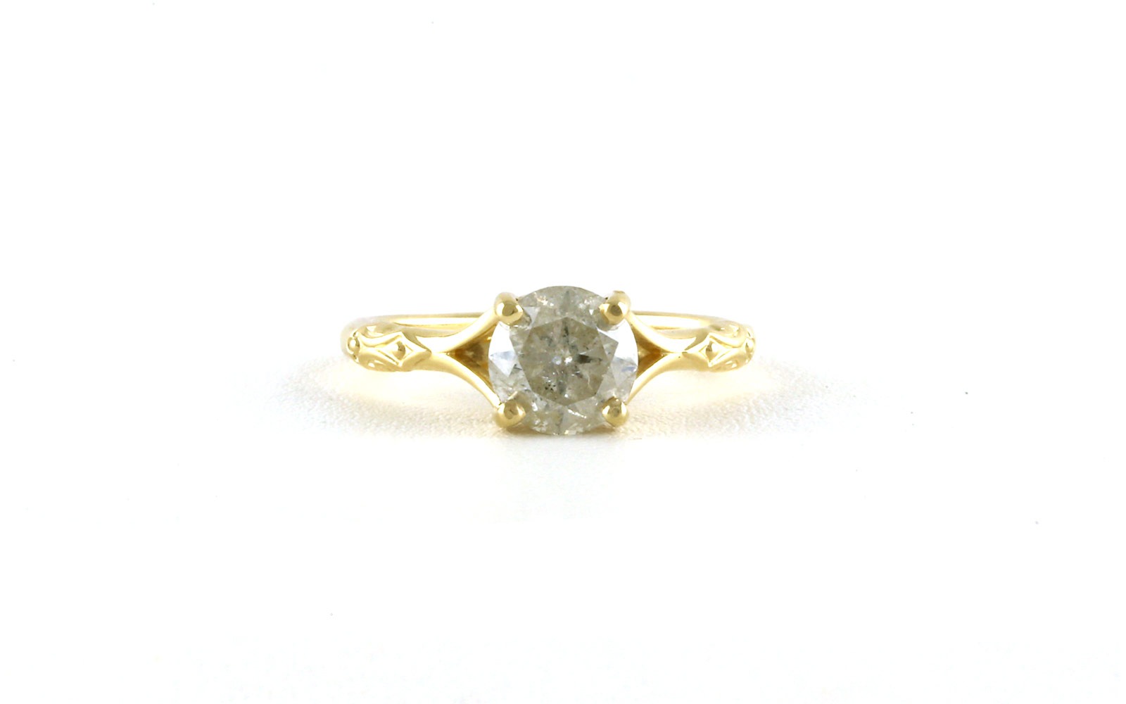 Split Shank Solitaire Salt and Pepper Diamond Ring with Scroll Details in Yellow Gold (1.52cts)