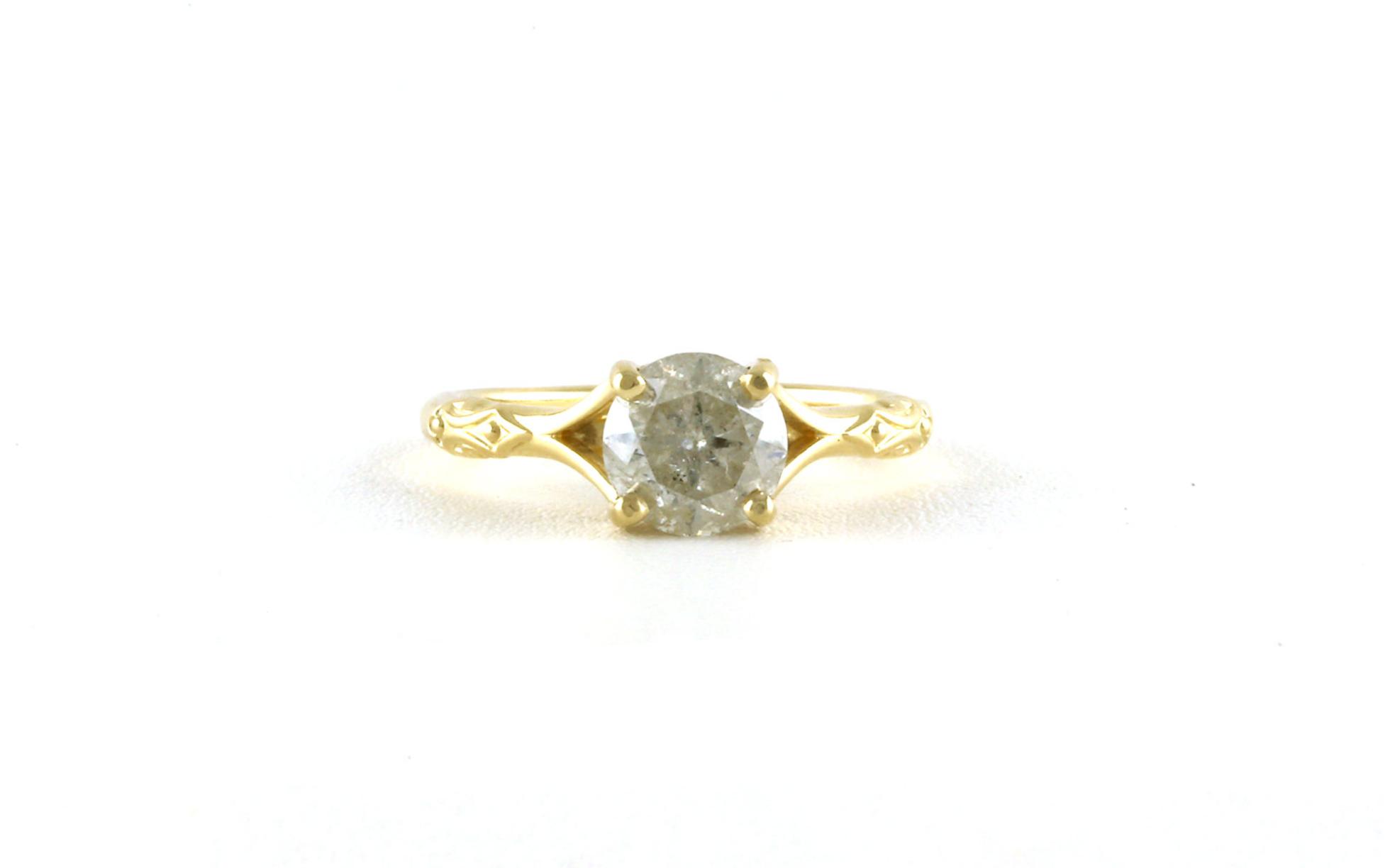Split Shank Solitaire Salt and Pepper Diamond Ring with Scroll Details in Yellow Gold (1.52cts)