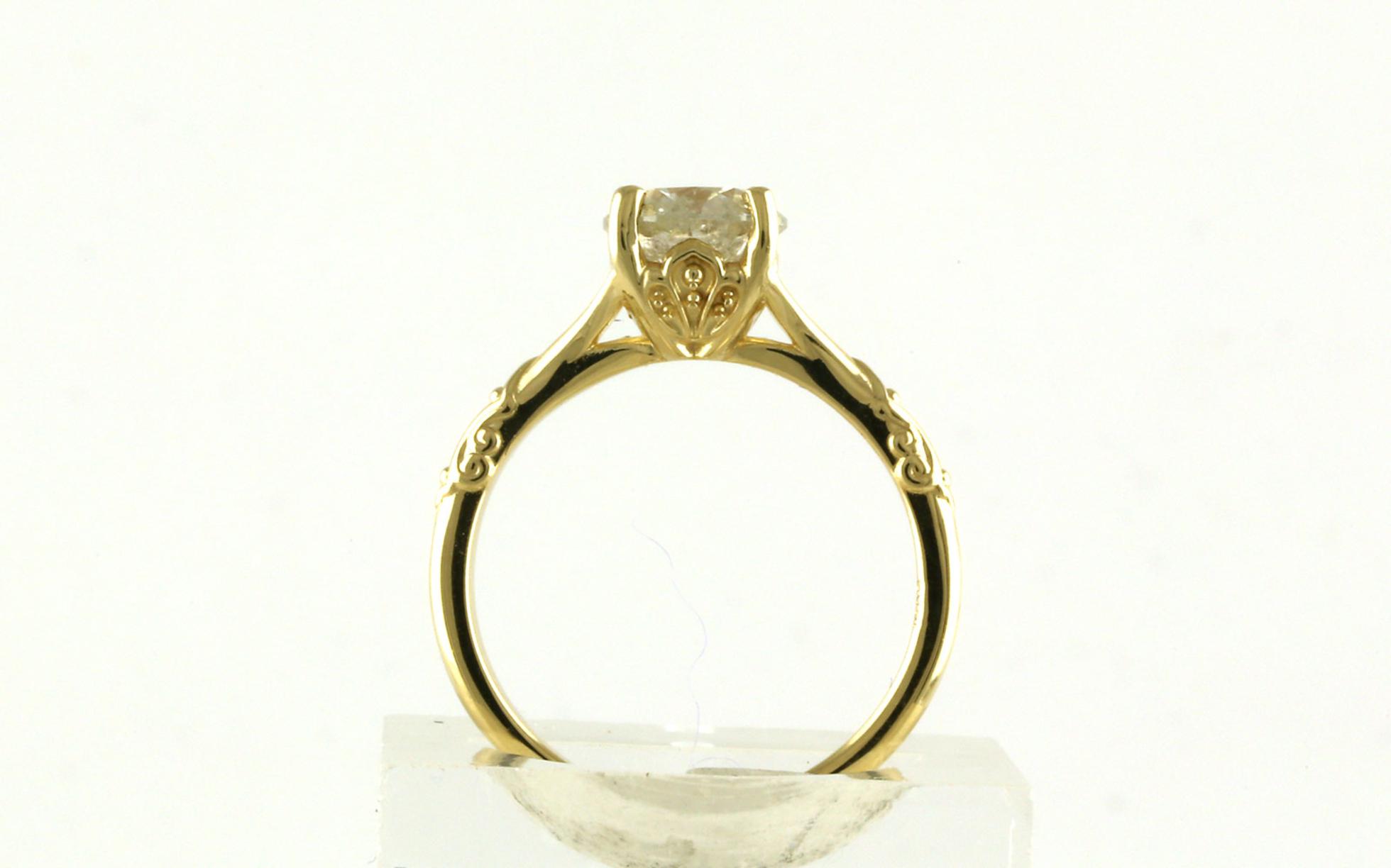 Split Shank Solitaire Salt and Pepper Diamond Ring with Scroll Details in Yellow Gold (1.52cts)