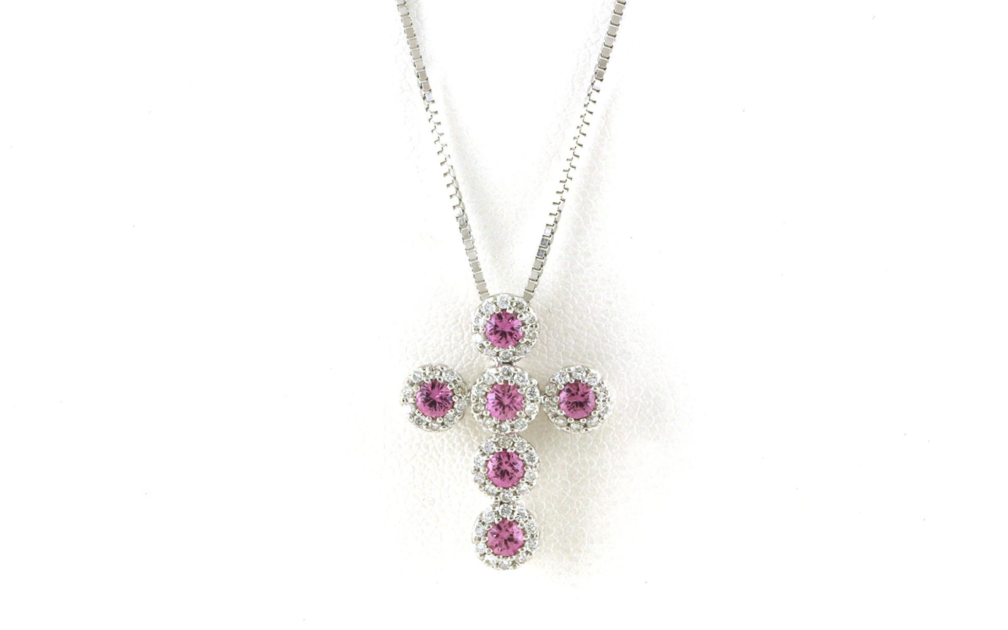 Estate Piece: Pink Sapphire and Diamond Halo Cross Pendant in White Gold