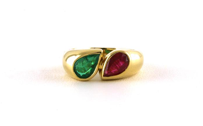 content/products/Estate Piece: 2-Stone Bezel-set Pear-cut Emerald and Ruby Ring in Yellow Gold