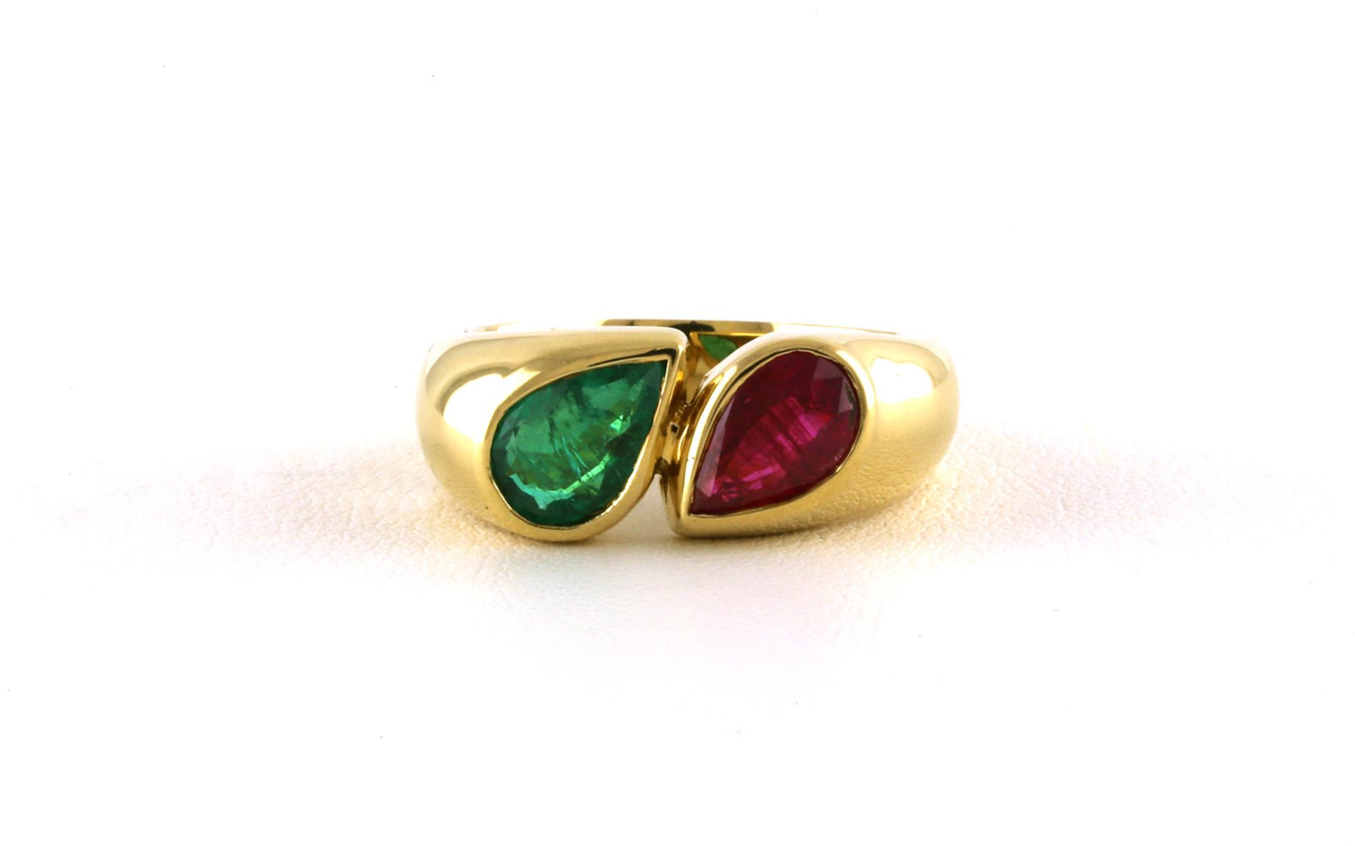 Estate Piece: 2-Stone Bezel-set Pear-cut Emerald and Ruby Ring in Yellow Gold