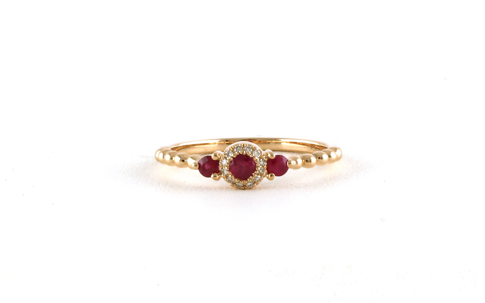 3-Stone Halo Ruby and Diamond Ring in Rose Gold (0.25cts TWT)