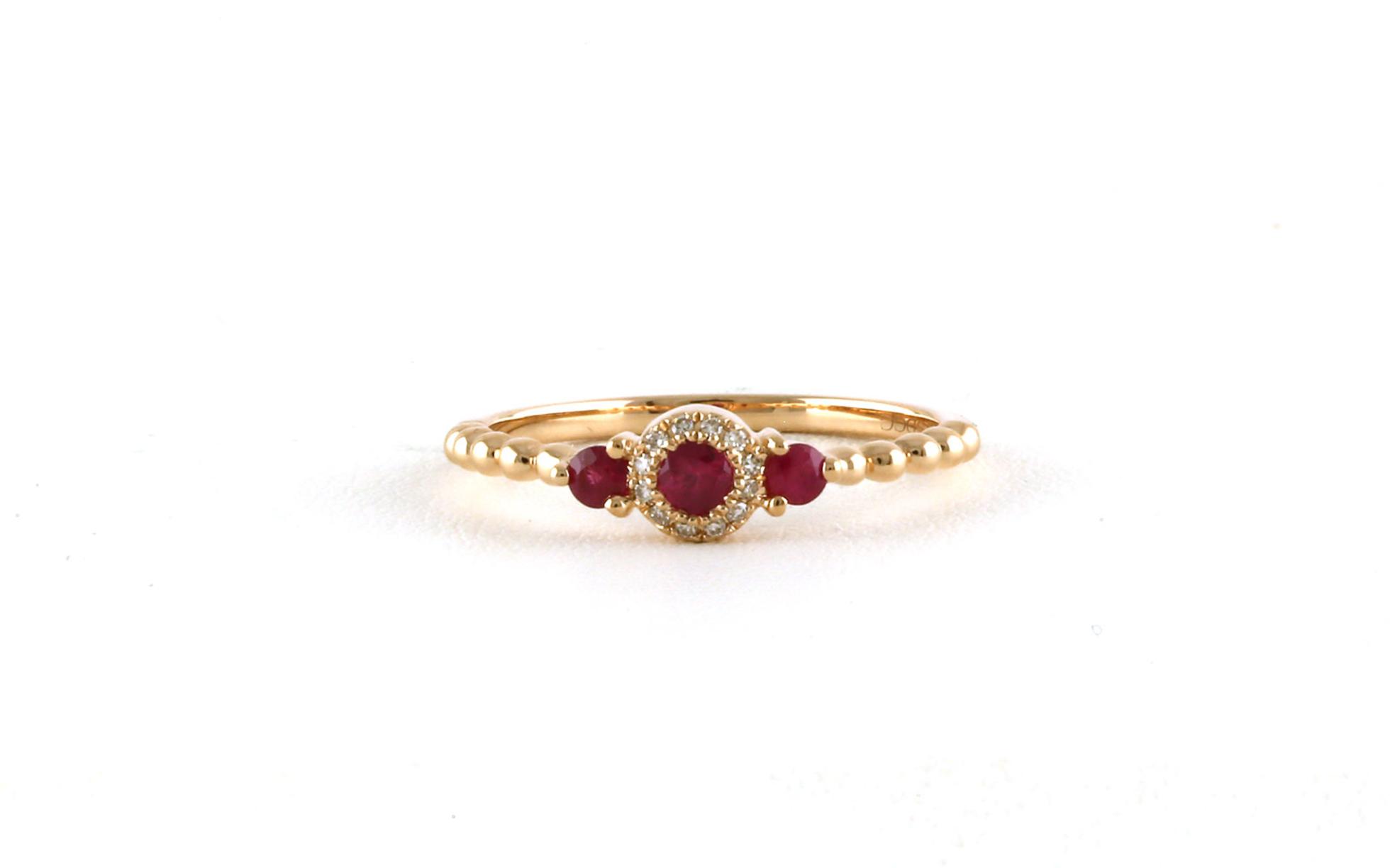 3-Stone Halo Ruby and Diamond Ring in Rose Gold (0.25cts TWT)