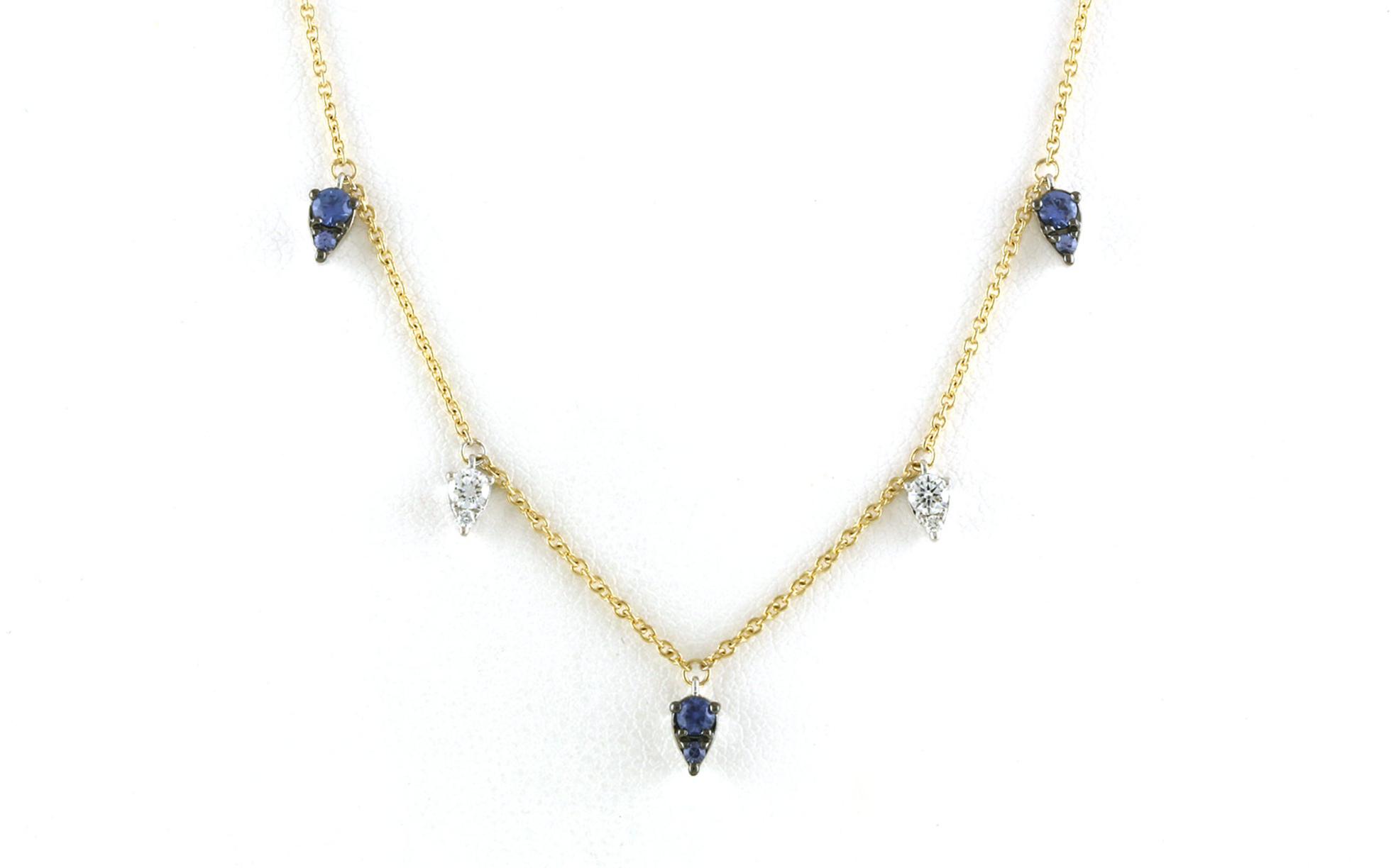 Montana Yogo Sapphire and Diamond Dangle Station Necklace in Yellow and White Gold (0.31cts)