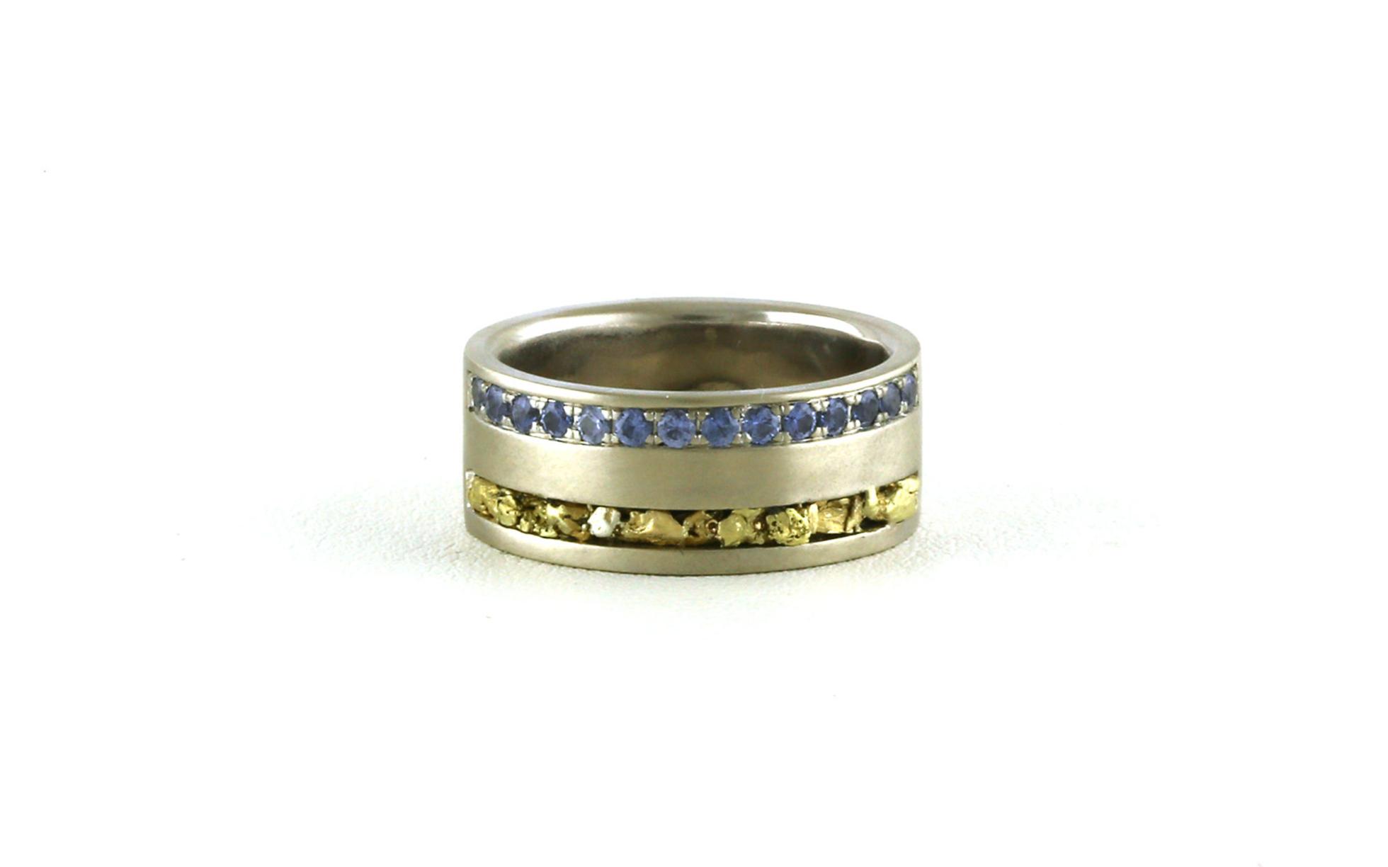 2-row Channel-set Montana Yogo Sapphire and Yellow Gold Nugget Ring with Sandblast Finish in White Gold (0.38cts TWT)