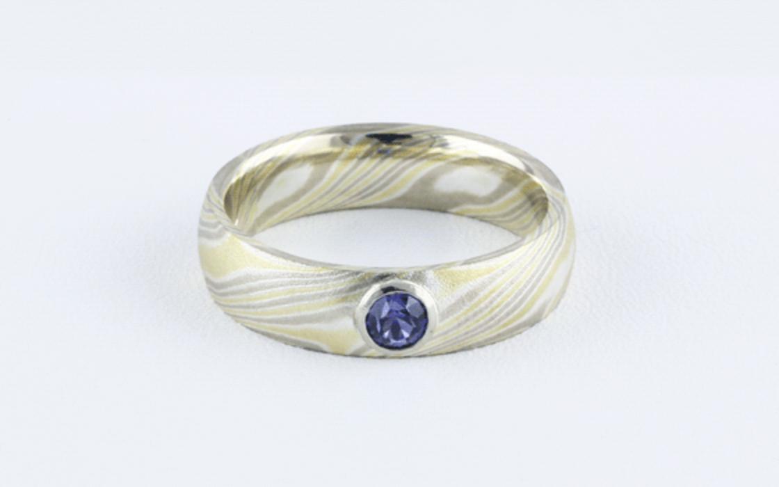 Mokume Gold Ring with Montana Yogo Sapphire