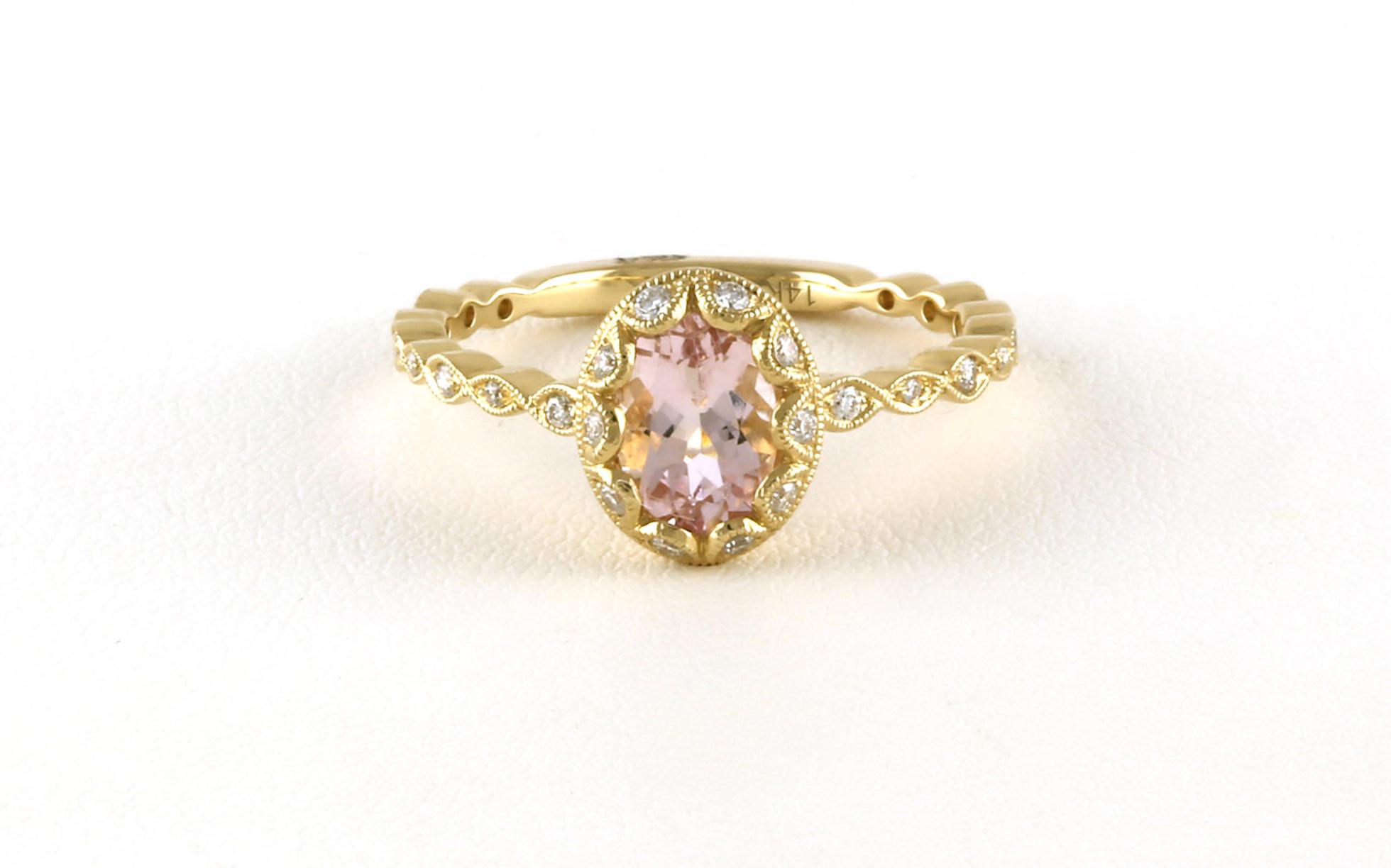 Antique-style Scalloped Halo Morganite Ring with Milgrain Details in Yellow Gold