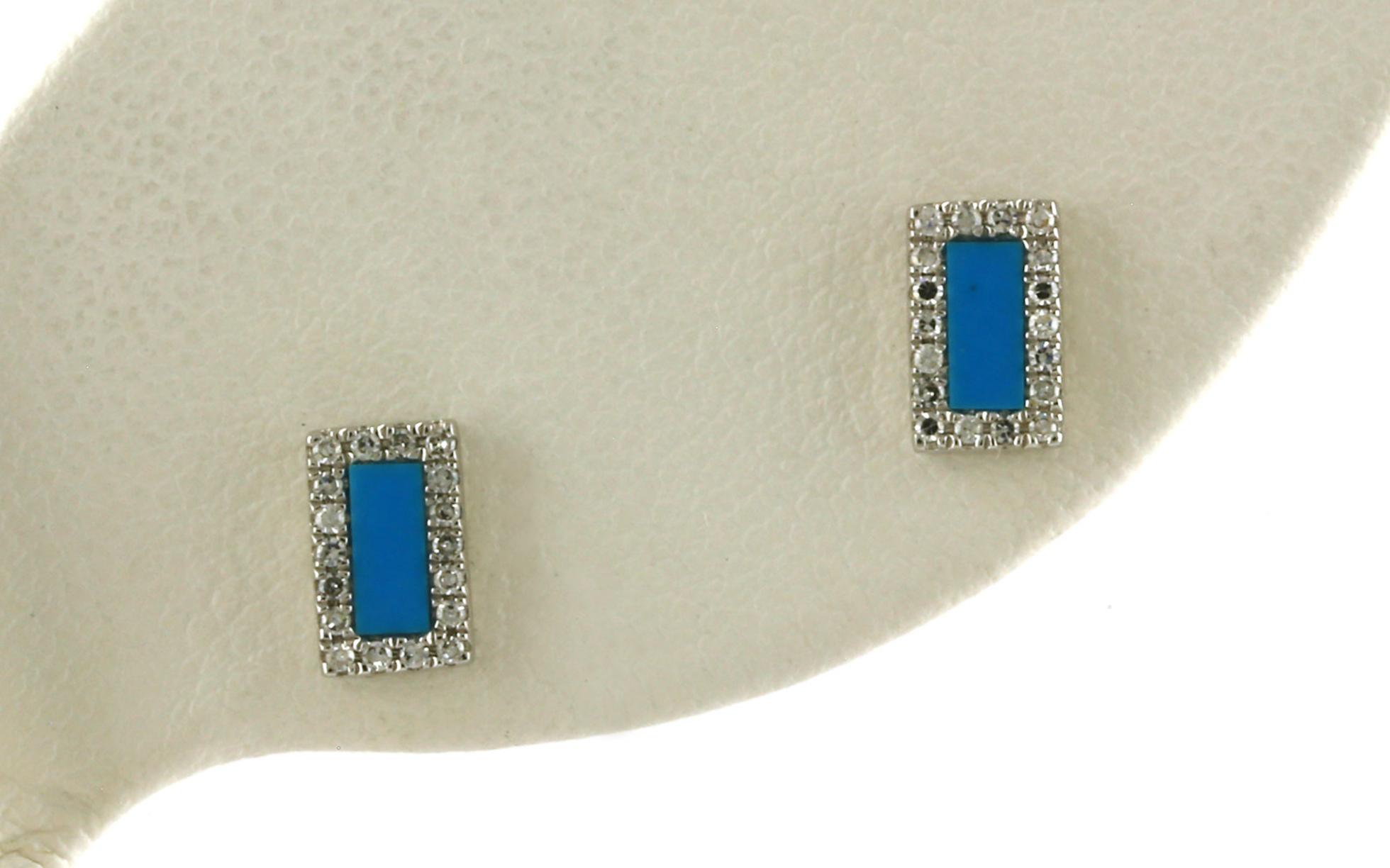 Rectangular Halo-style Turquoise and Diamond Stud Earrings in White Gold