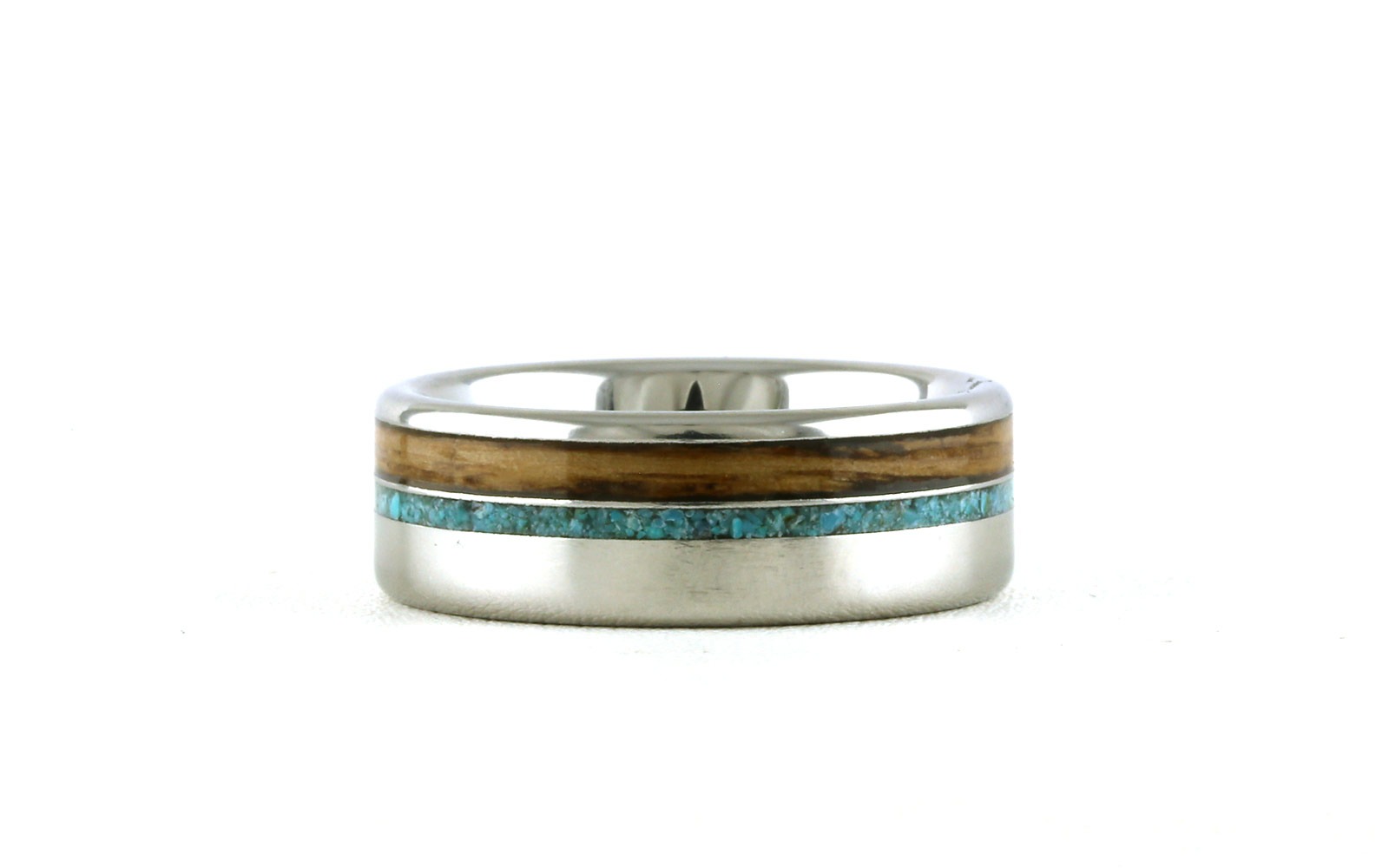 Flat Comfort Fit Turquoise and Wood Inlay Wedding Band in Serinium (sz 9)