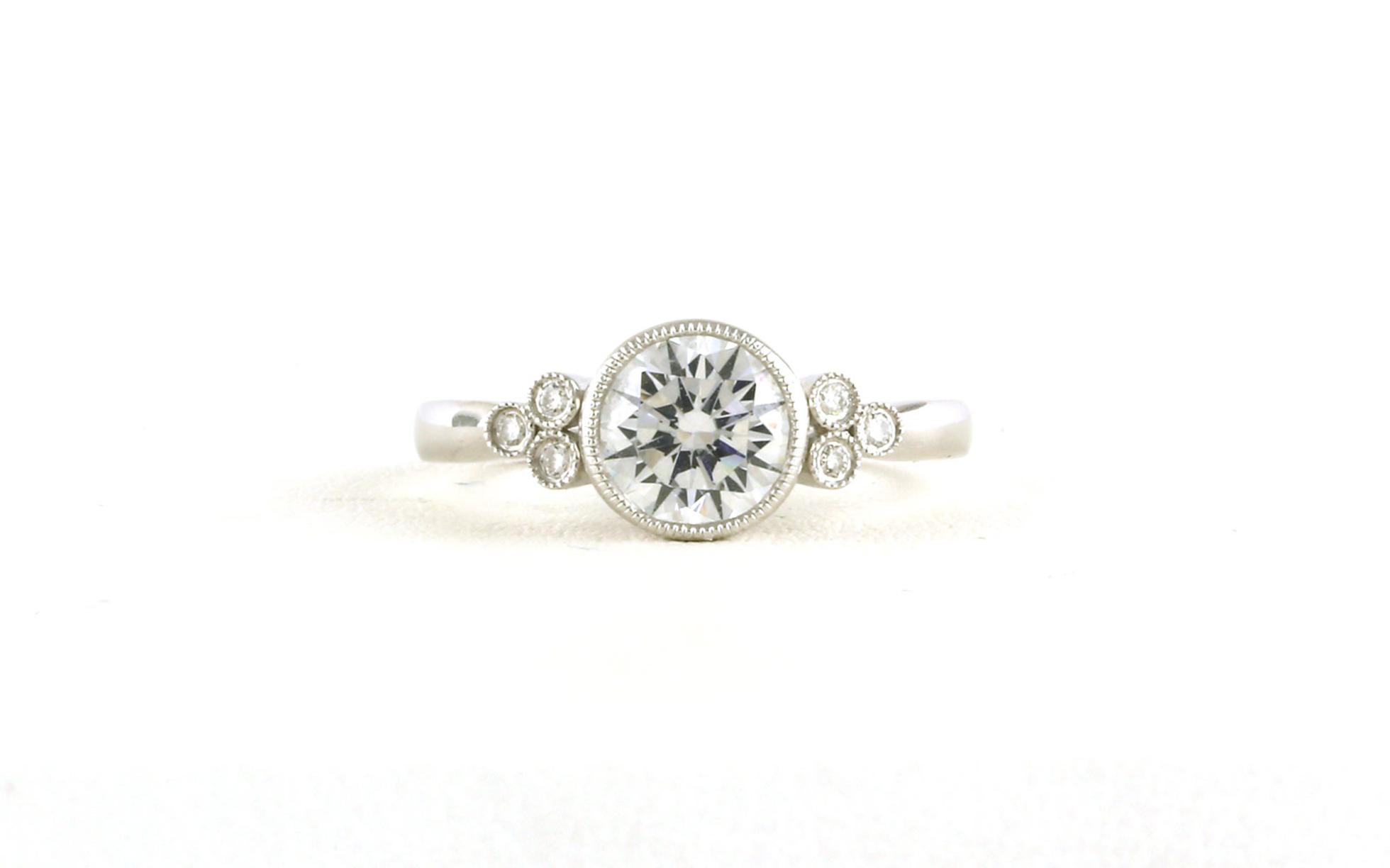 Bezel-set Engagement Ring Mounting with Diamond Cluster Accents and Milgrain Detail in White Gold