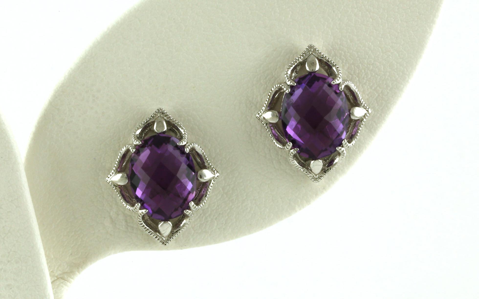 Antique-style Oval-cut Amethyst Earrings with Milgrain Details in Sterling Silver