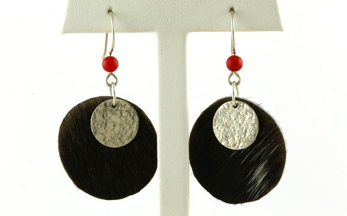 content/products/Double Disc Dangle Earrings with Coral Bead in Brown and White Cowhide and Sterling Silver
