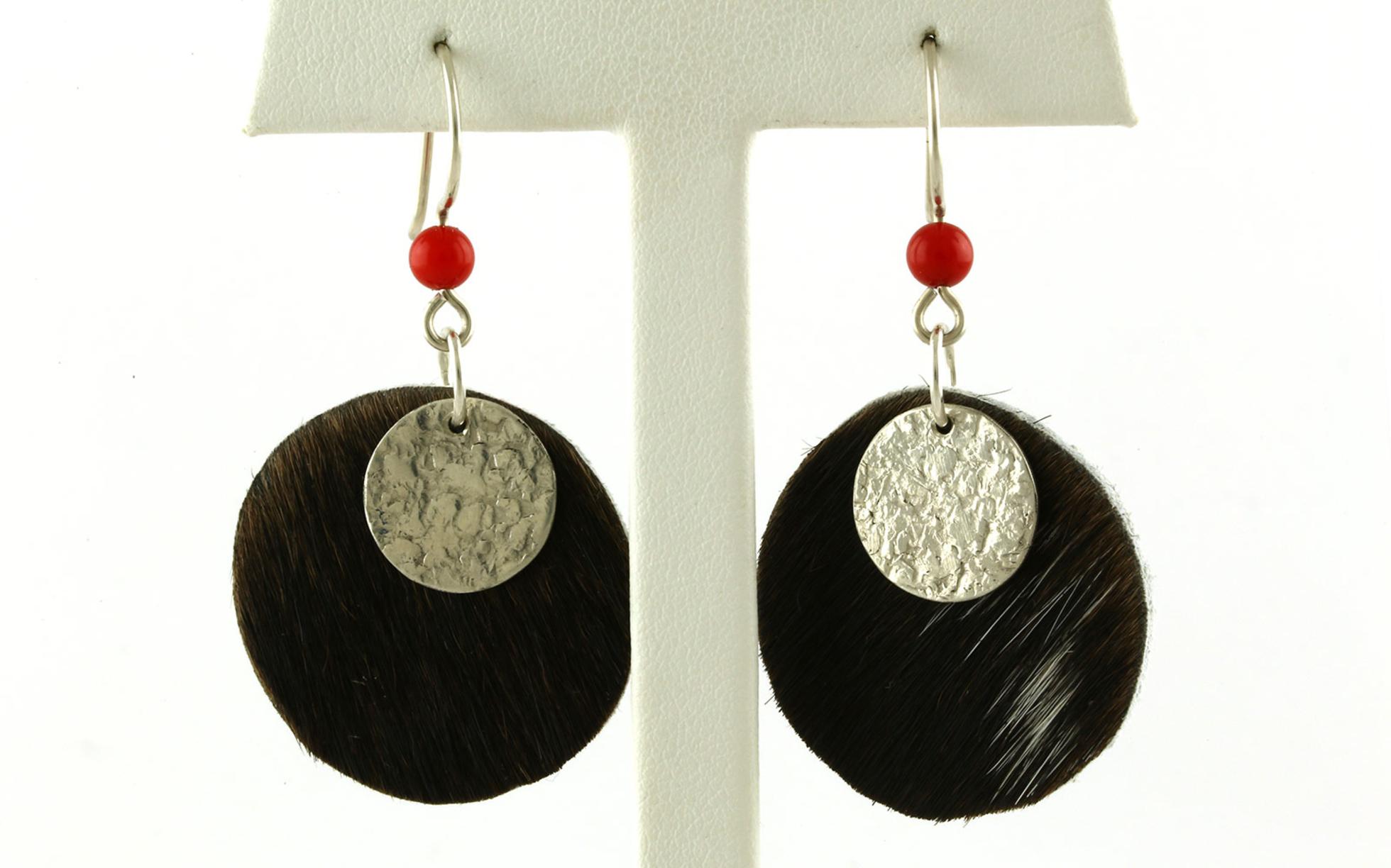 Double Disc Dangle Earrings with Coral Bead in Brown and White Cowhide and Sterling Silver