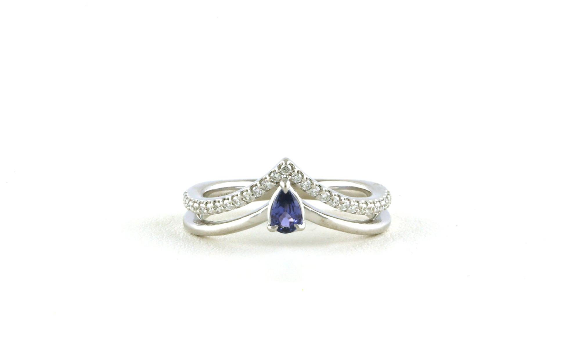 2-Row V-Shape Pear-cut Montana Yogo Sapphire and Diamonds Ring in White Gold (0.23cts)