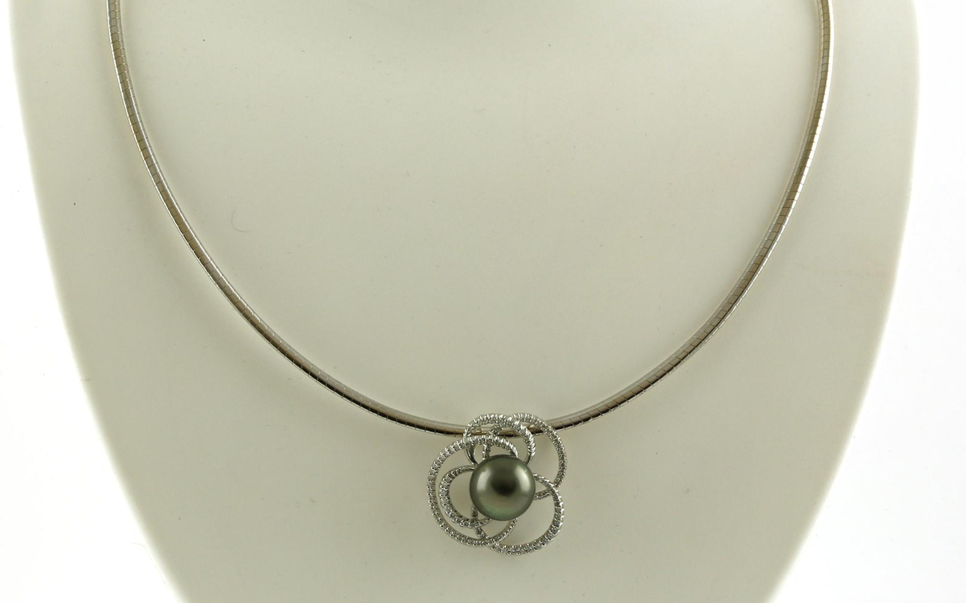 Estate Piece: Floral Swirl Tahitian Pearl and Diamond Necklace on Omega Chain in White Gold