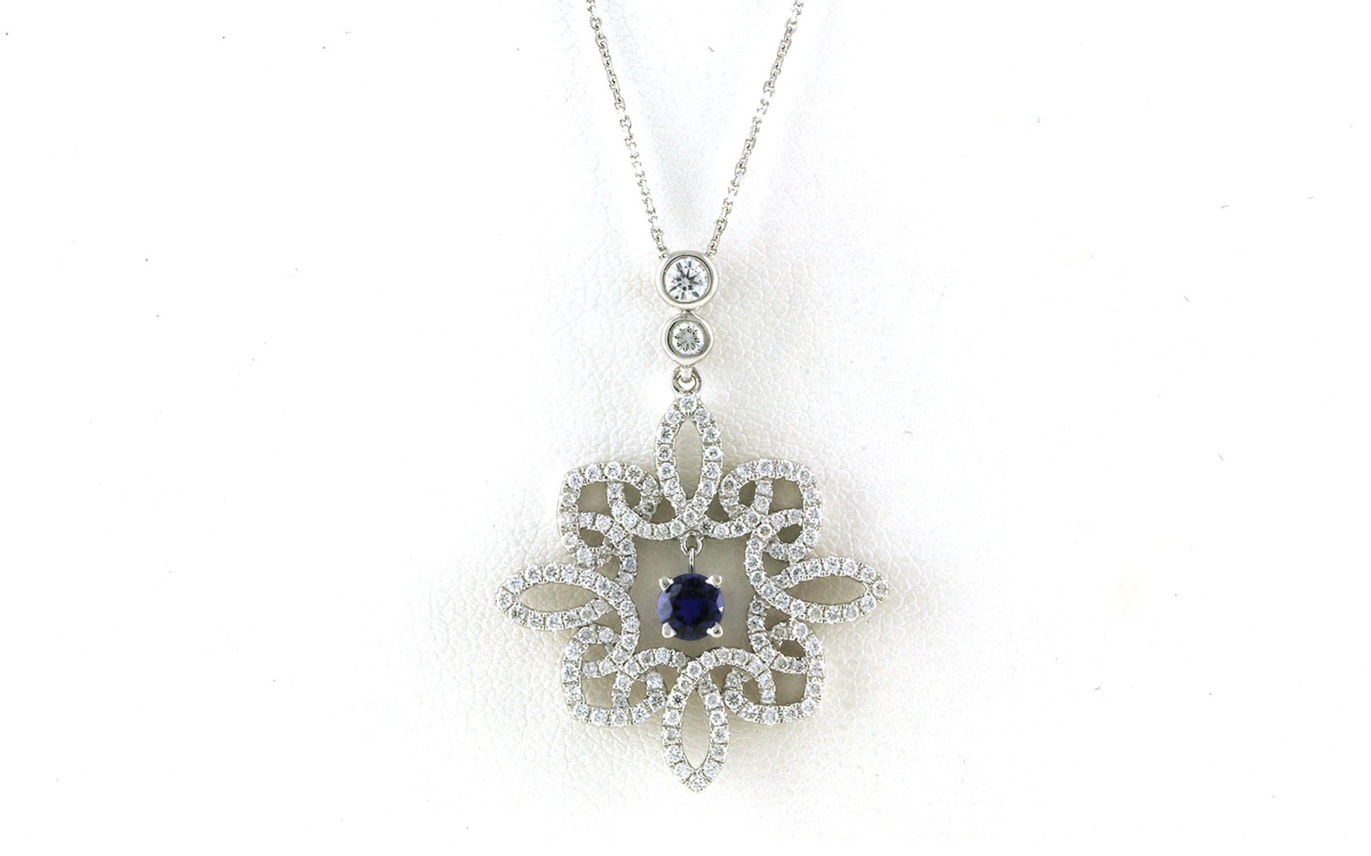 Vintage Loopy Flower Montana Yogo Sapphire Dangle and Diamond Necklace in White Gold (0.31cts)
