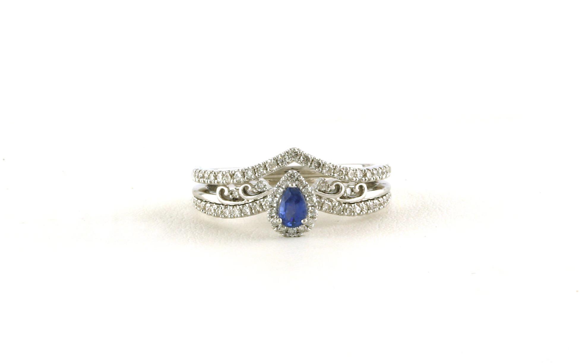 Halo-style Pear-cut Montana Yogo Sapphire and Diamonds Ring with Filigree Detail in White Gold (0.21cts)