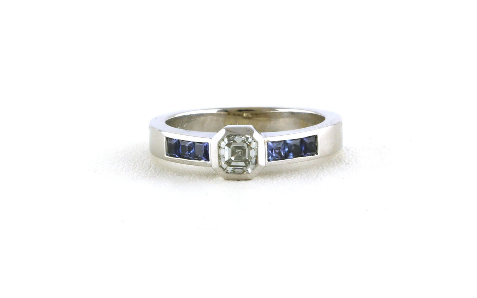 Bezel-set Asscher-cut Diamond and Channel-set Montana Yogo Sapphire Ring in White Gold (0.39cts)
