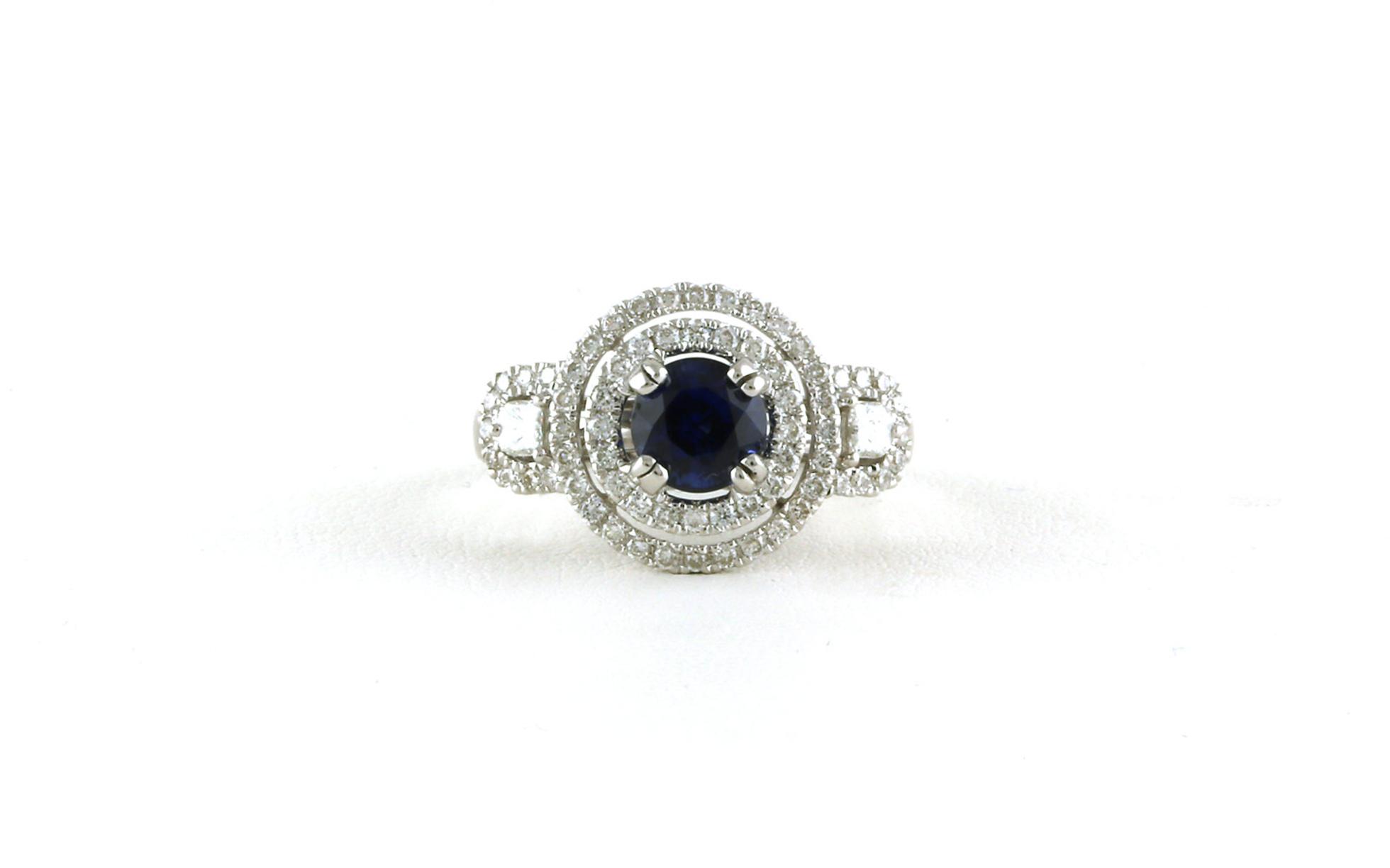 3-Stone Double Halo Sapphire and Diamond Ring in White Gold (1.36cts)