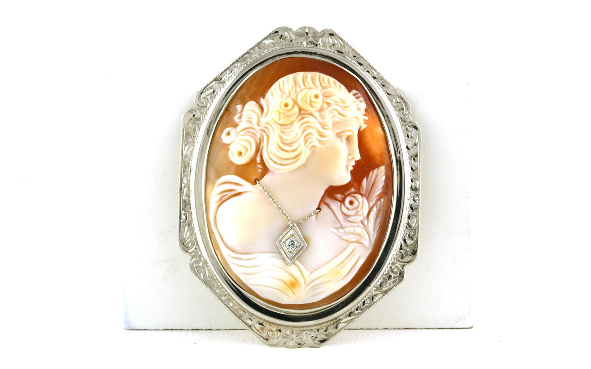 Estate Piece: Cameo Pin with Diamond Necklace and Engraving Details in Two-tone White and Yellow Gold