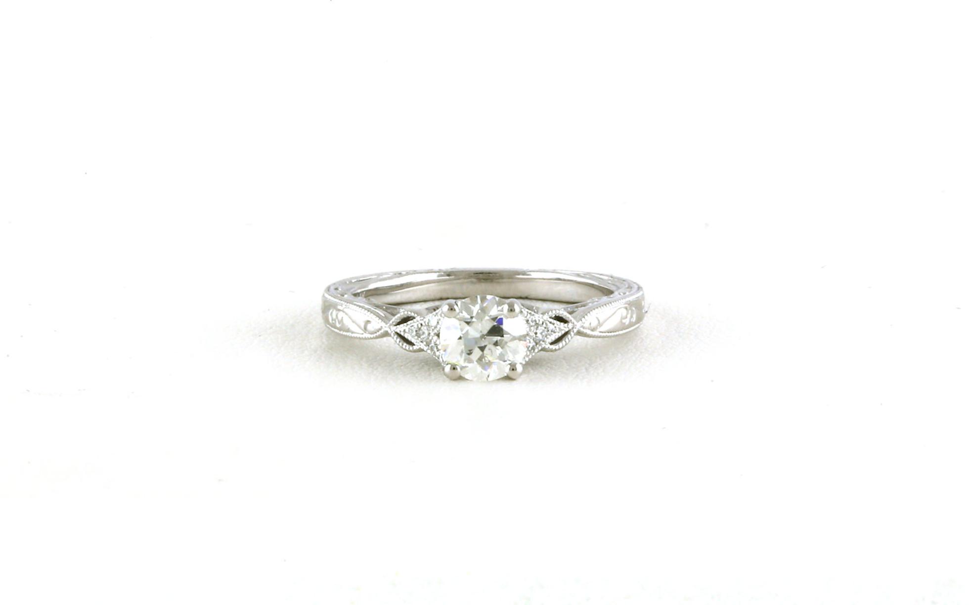 Antique-style Diamond Engagement Ring with Engraved Details in White Gold (0.63cts TWT)