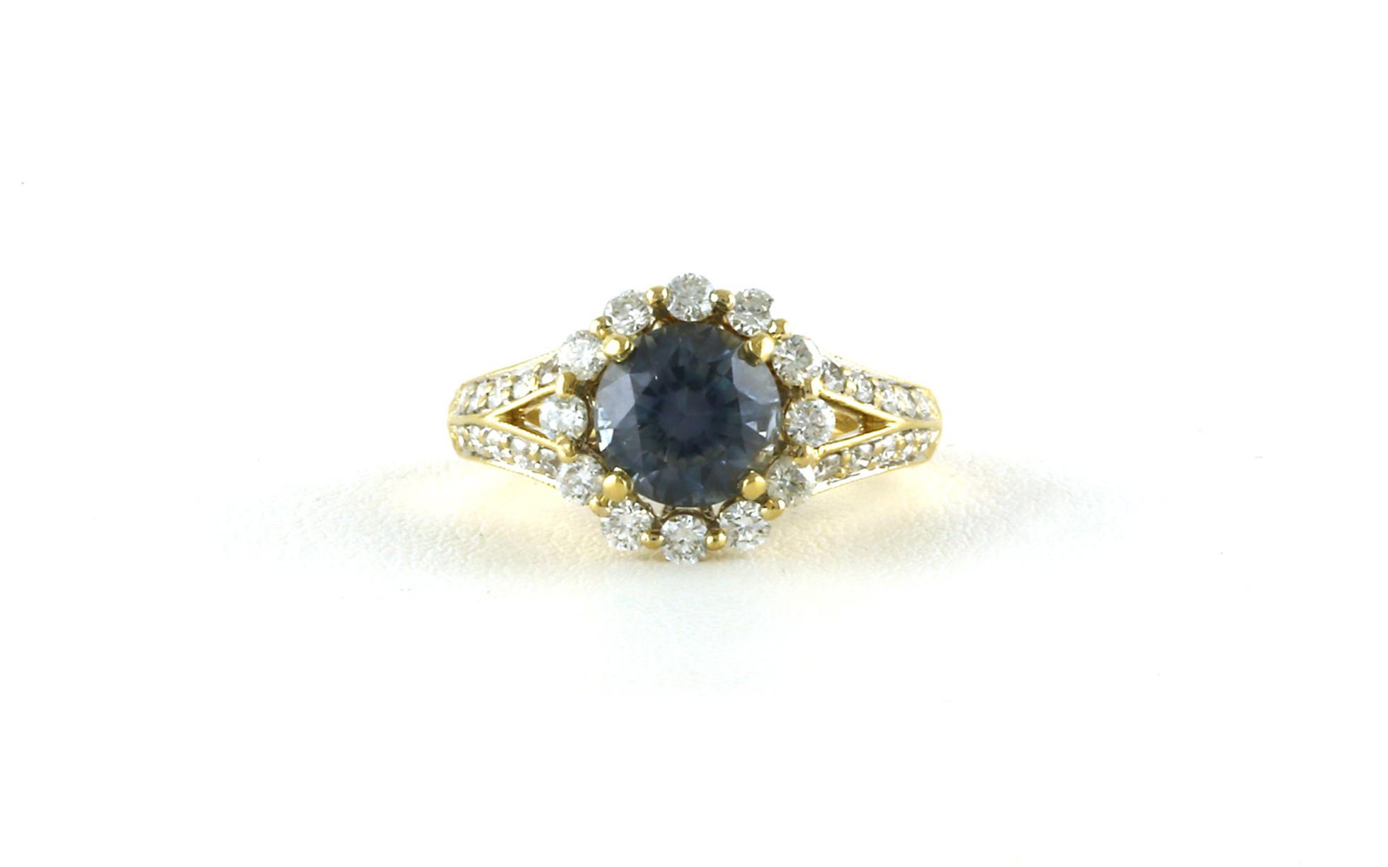Estate Piece: Halo-style Montana Sapphire and Diamond Ring with Split Shank in Yellow Gold (2.68cts)