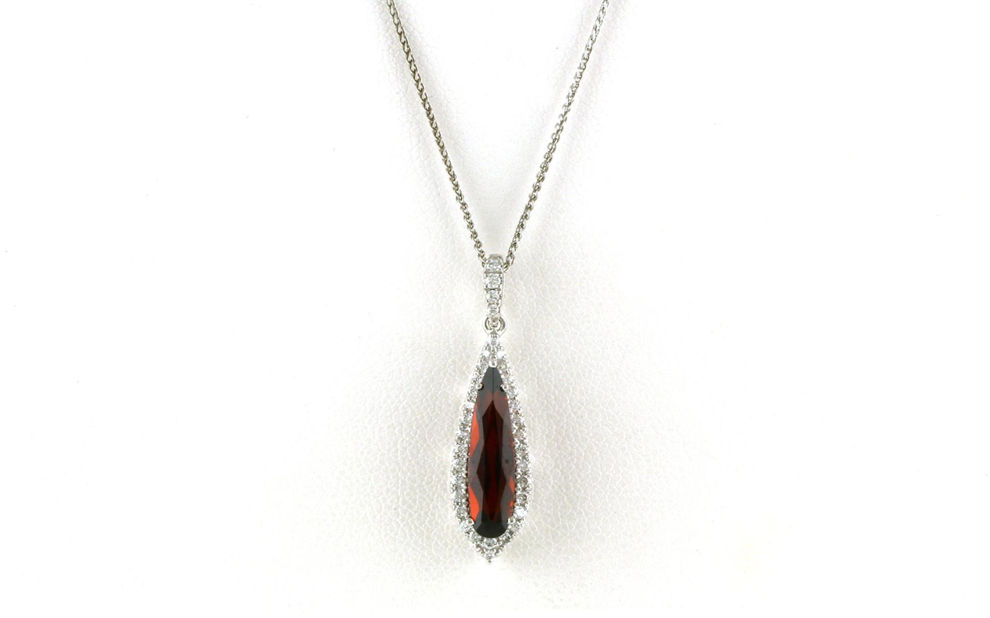 Halo-style Long Teardrop Pear-cut Garnet and Diamond Necklace in White Gold (2.24cts TWT)