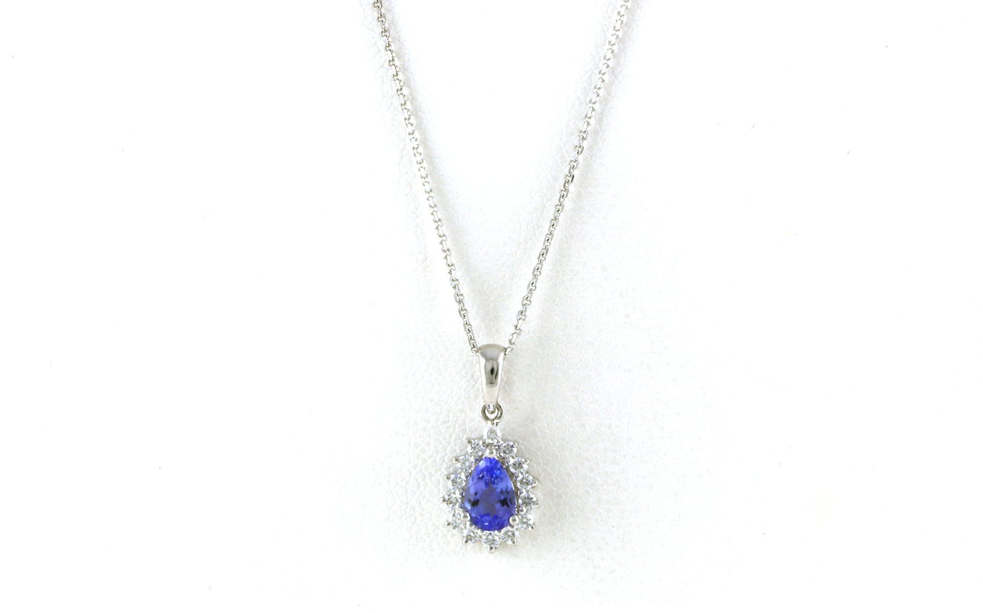Halo-style Pear-cut Tanzanite and Diamond Necklace in White Gold (0.63cts TWT)
