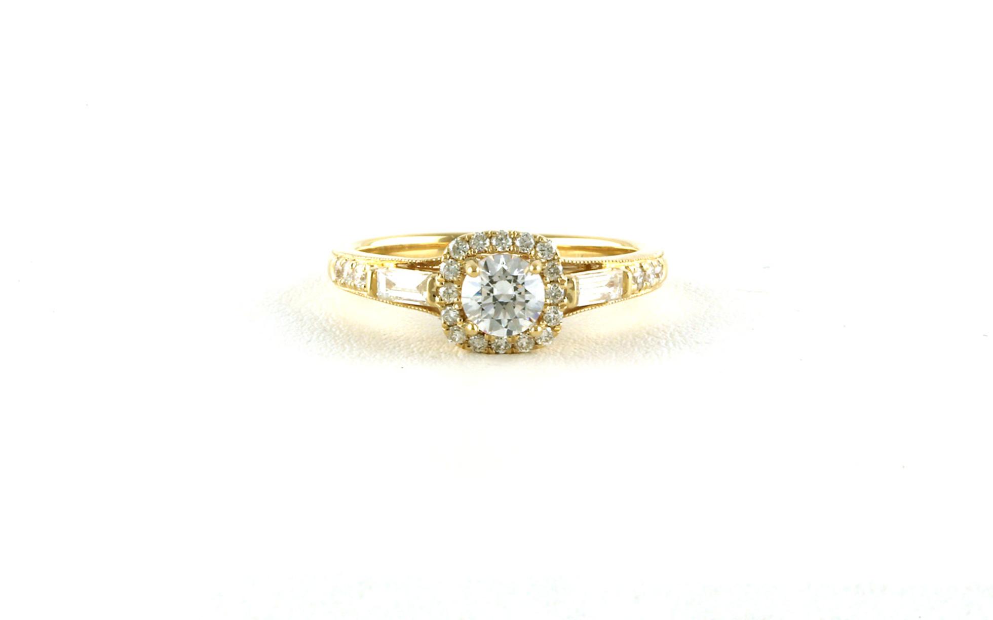 Halo-style Cushion-cut Diamond Engagement Ring Mounting with Baguette-cut Accents in Yellow Gold