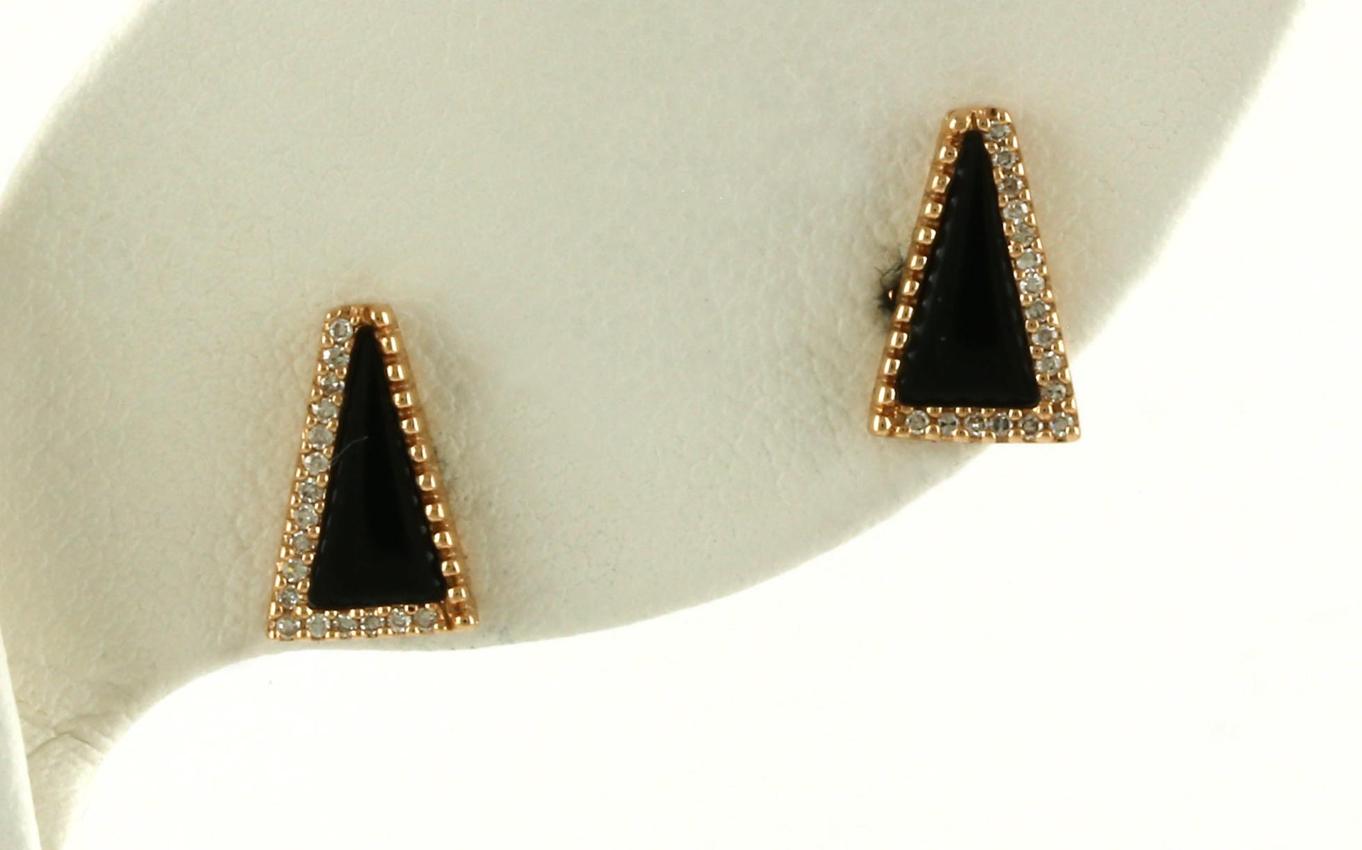 Triangle Bead and Halo Accent Onyx Studs in Rose Gold