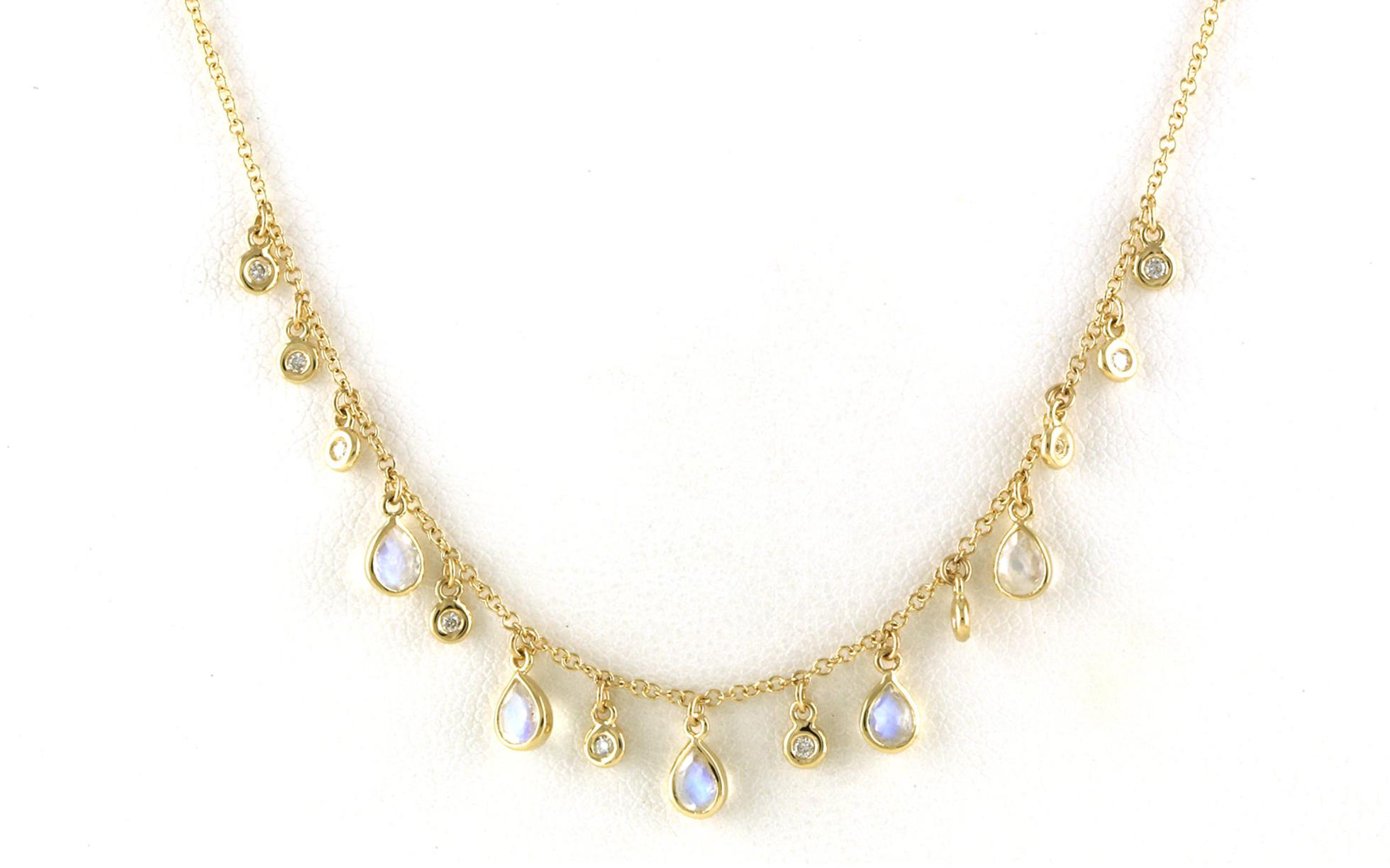 Bezel-set Pear-cut Moonstone and Diamond Station Dangle Necklace in Yellow Gold (0.75cts TWT)