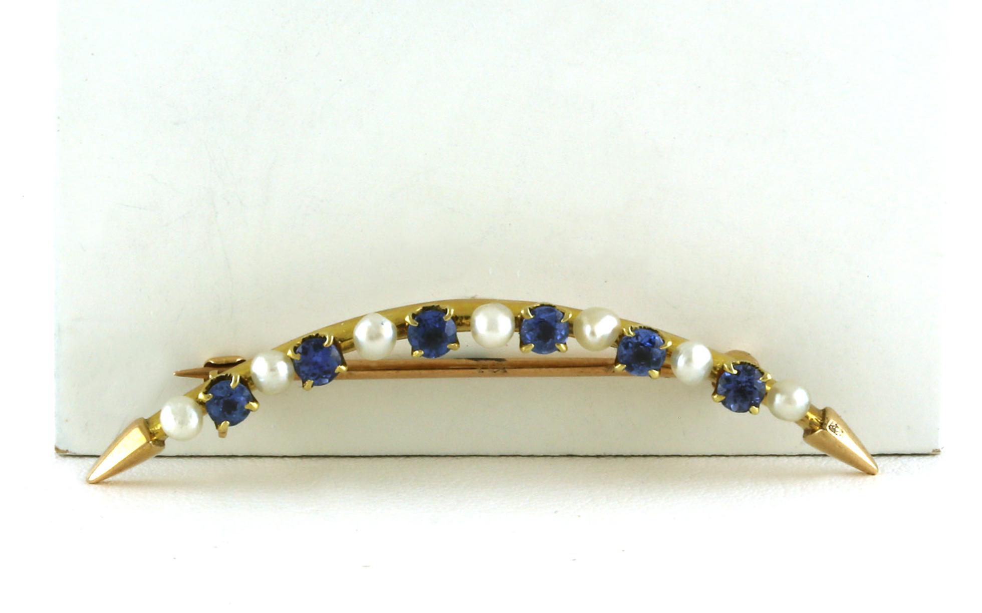 Estate Piece: 13-Stone Montana Yogo Sapphires and Pearl Curved Pin in Yellow Gold (0.36cts TWT)