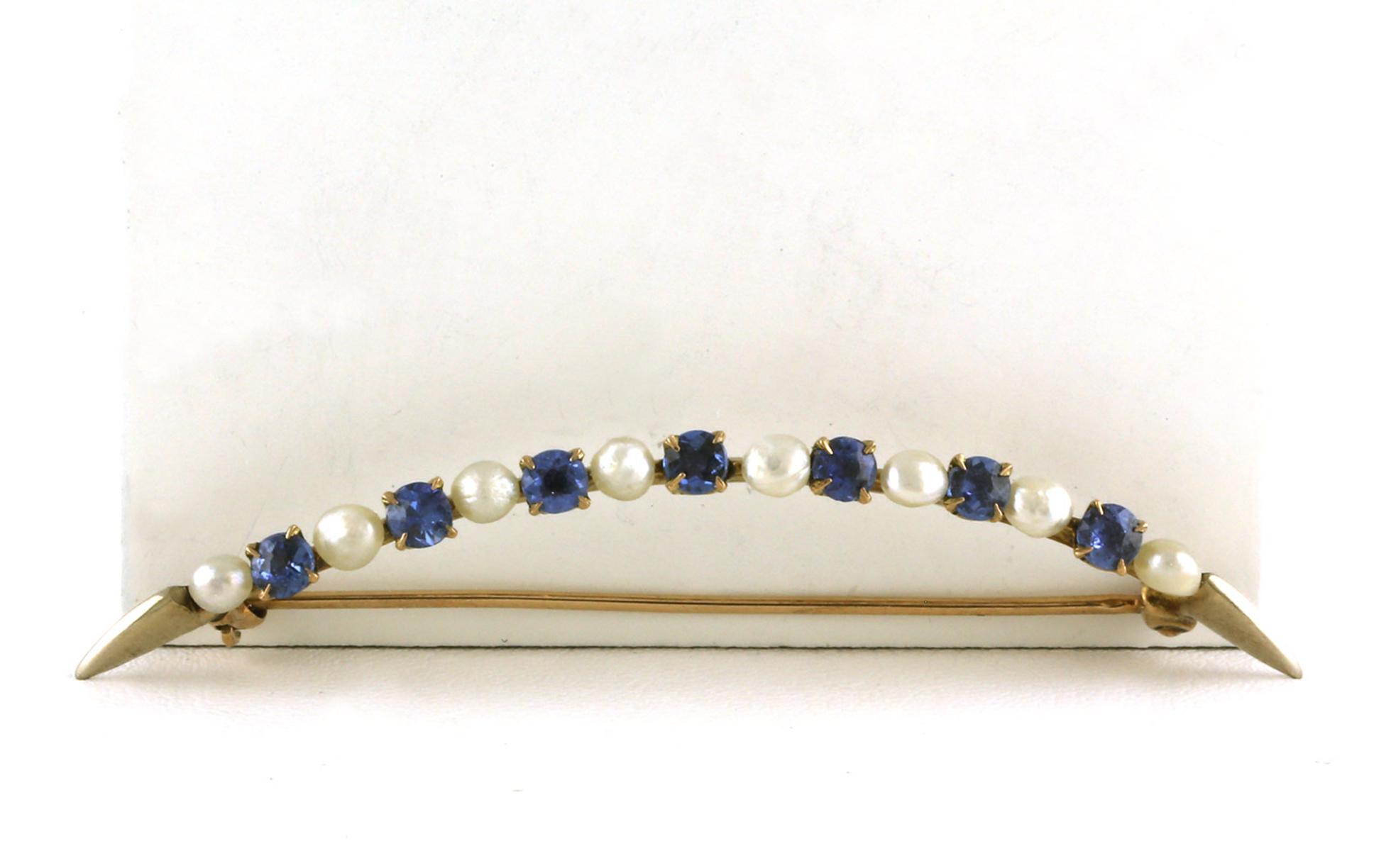 Estate Piece: 15-Stone Montana Yogo Sapphires and Pearl Curved Pin in Two-tone  Yellow and White Gold (0.56cts TWT)