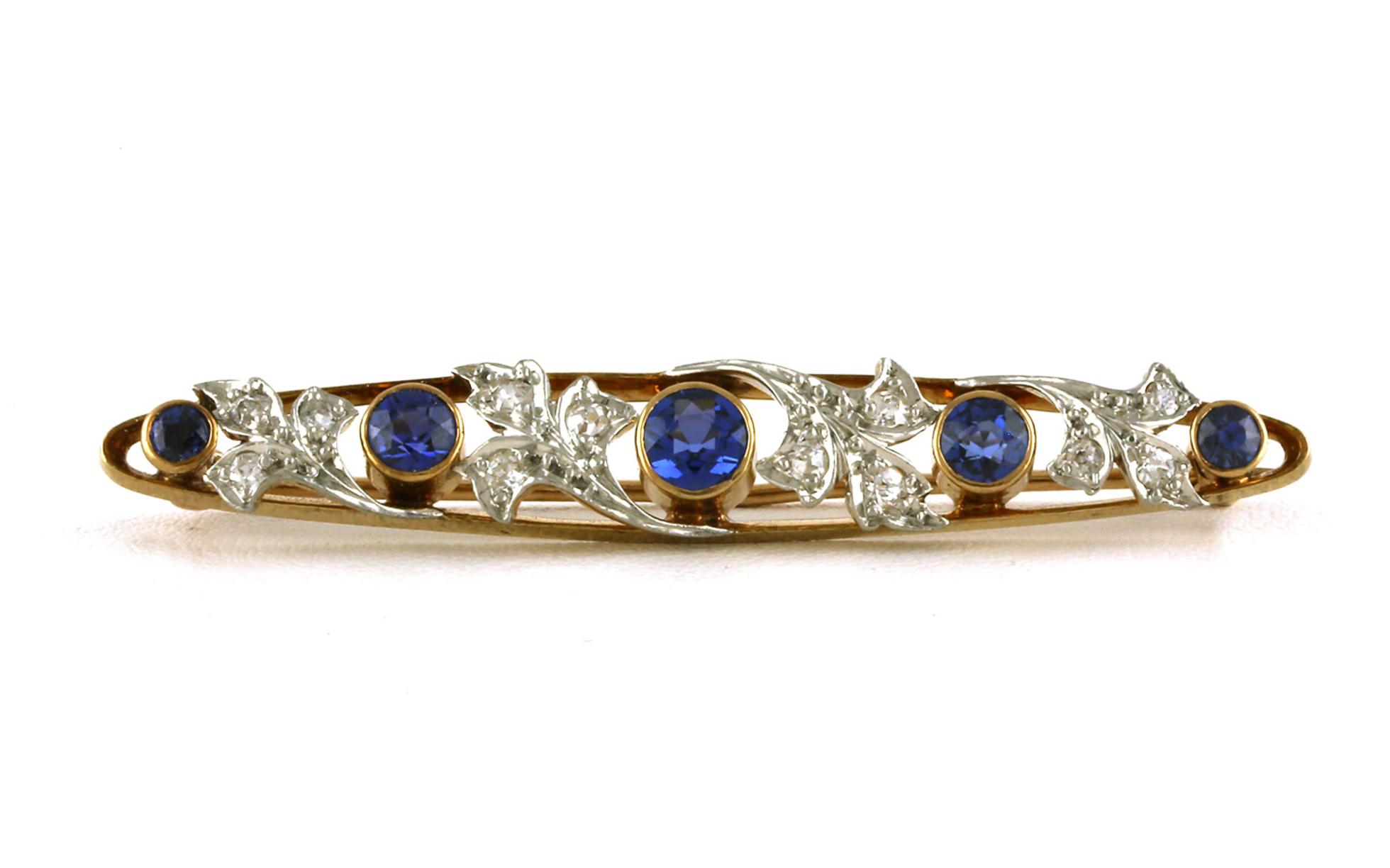 Estate Piece: Floral Design Bezel-set Montana Yogo Sapphire and Diamond Pin in Platinum and Yellow Gold (0.54cts TWT)
