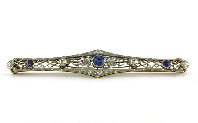 content/products/Estate Piece: Vintage Filigree 5-Stone Montana Yogo Sapphire and Diamond Pin in Platinum and Yellow Gold (0.50cts TWT)