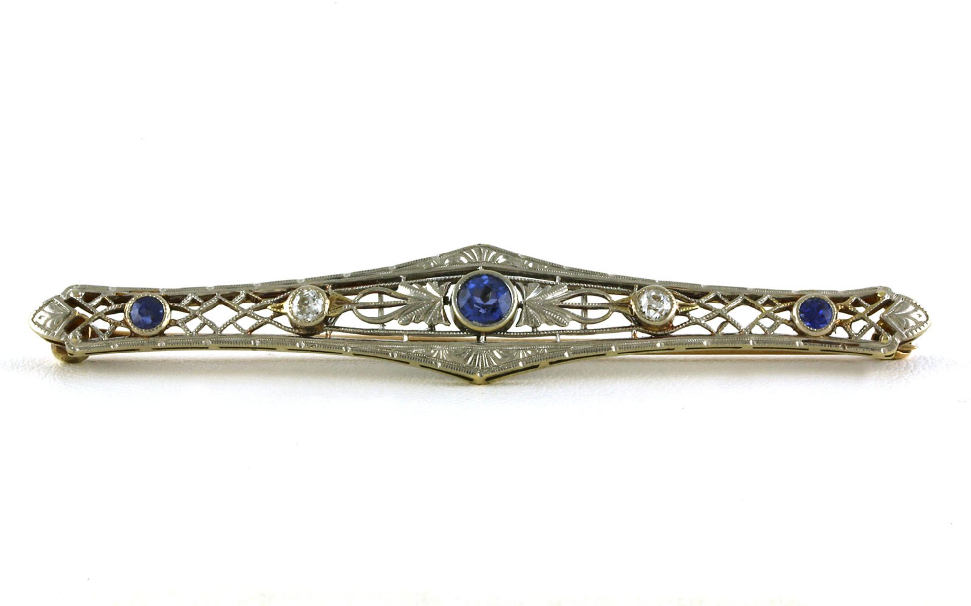 Estate Piece: Vintage Filigree 5-Stone Montana Yogo Sapphire and Diamond Pin in Platinum and Yellow Gold (0.50cts TWT)