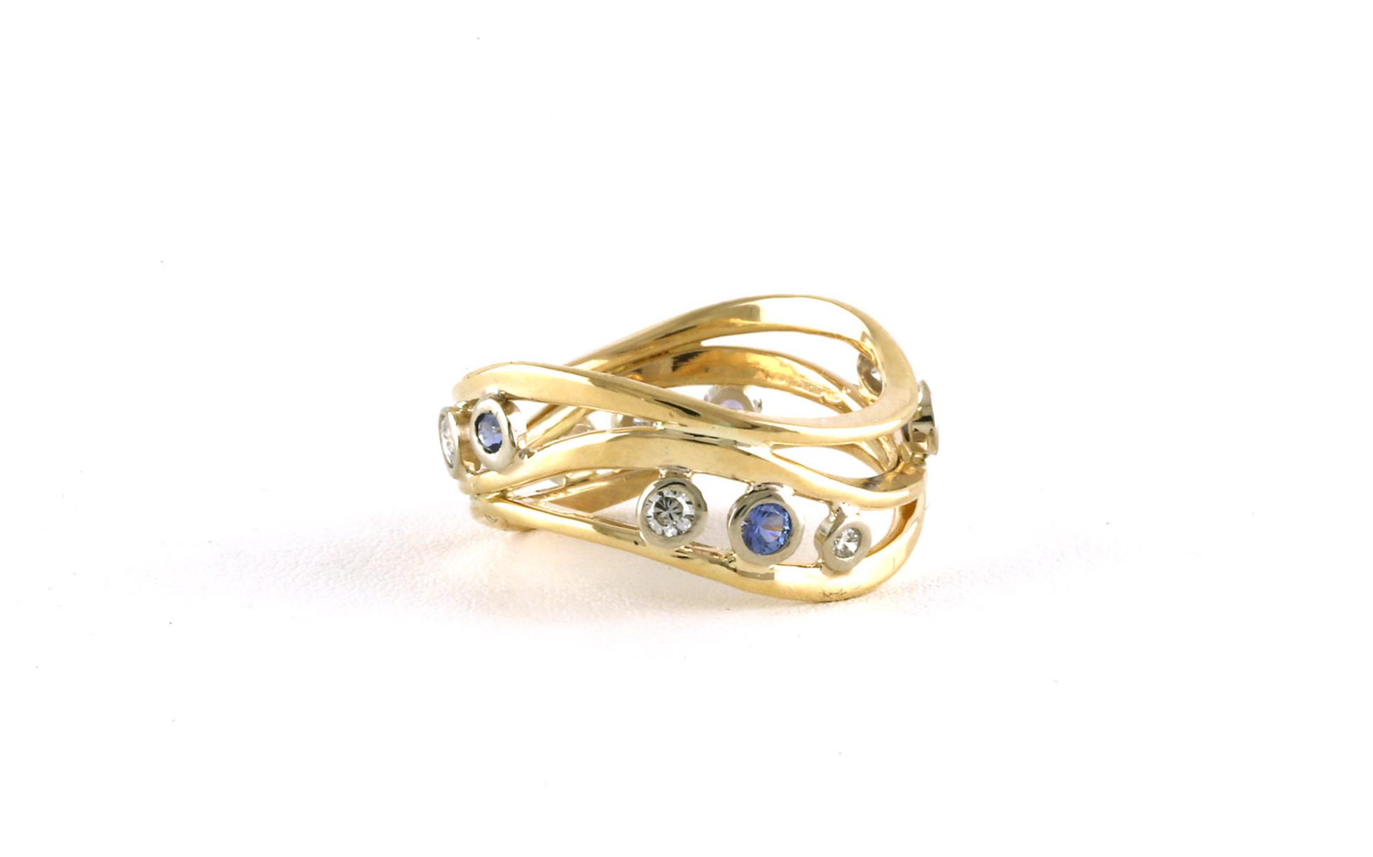 Wavy-style 3-Row Bezel-set Montana Yogo Sapphire and Diamond Ring in Two-Tone Yellow and White Gold (0.56cts TWT)