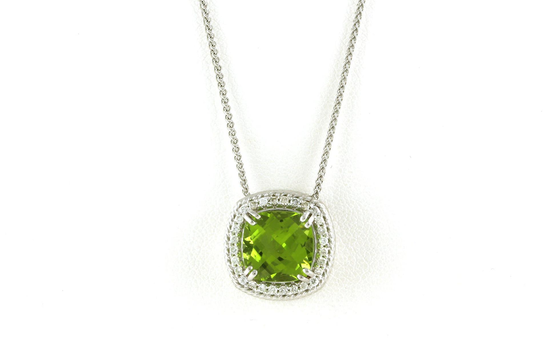Halo-style Cushion-cut Peridot Necklace in White Gold (5.20cts TWT)
