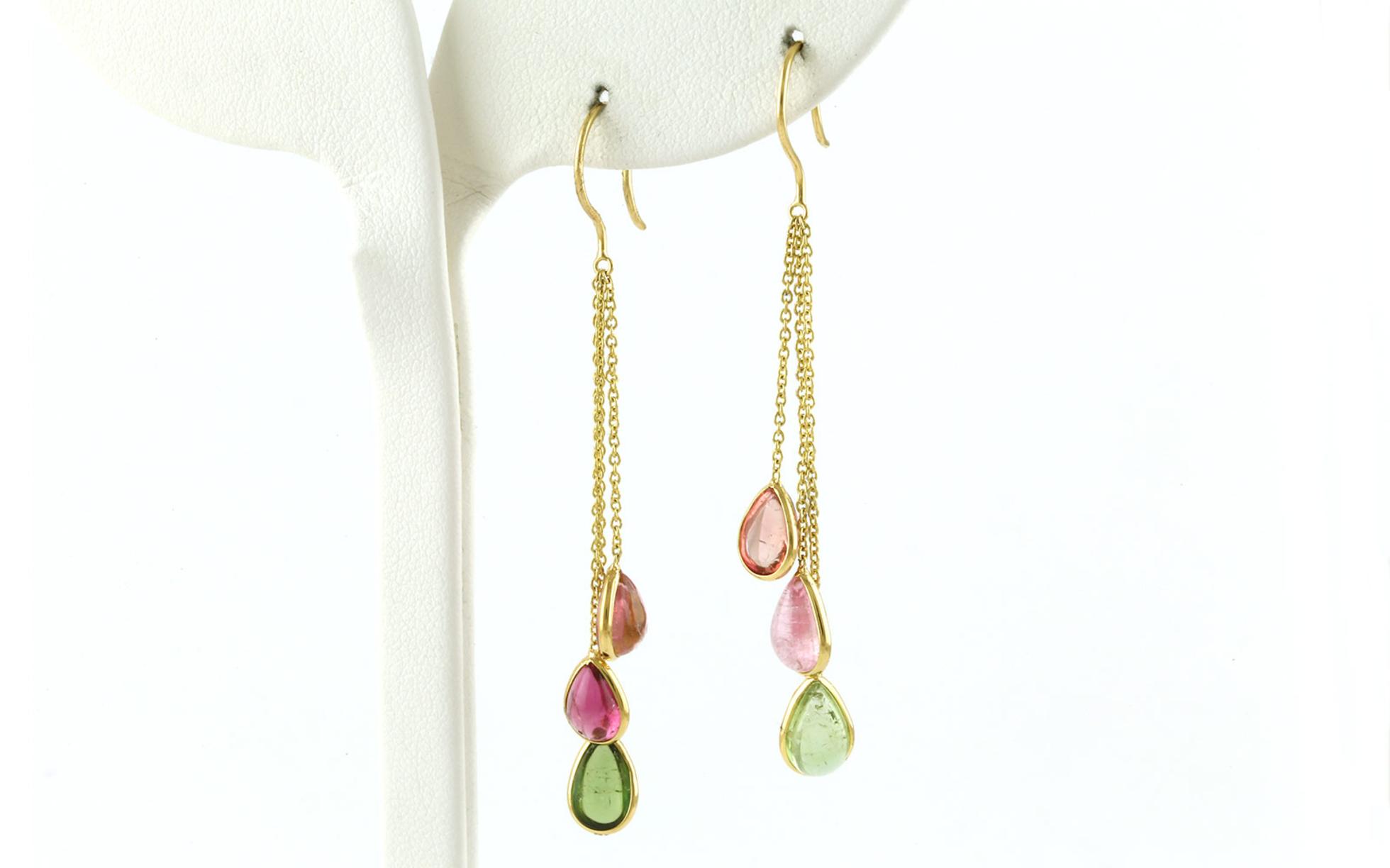 3-Stone Drop-style Pear Cabochon-cut Tourmaline Dangle Earrings in Yellow Gold (6.60cts TWT)