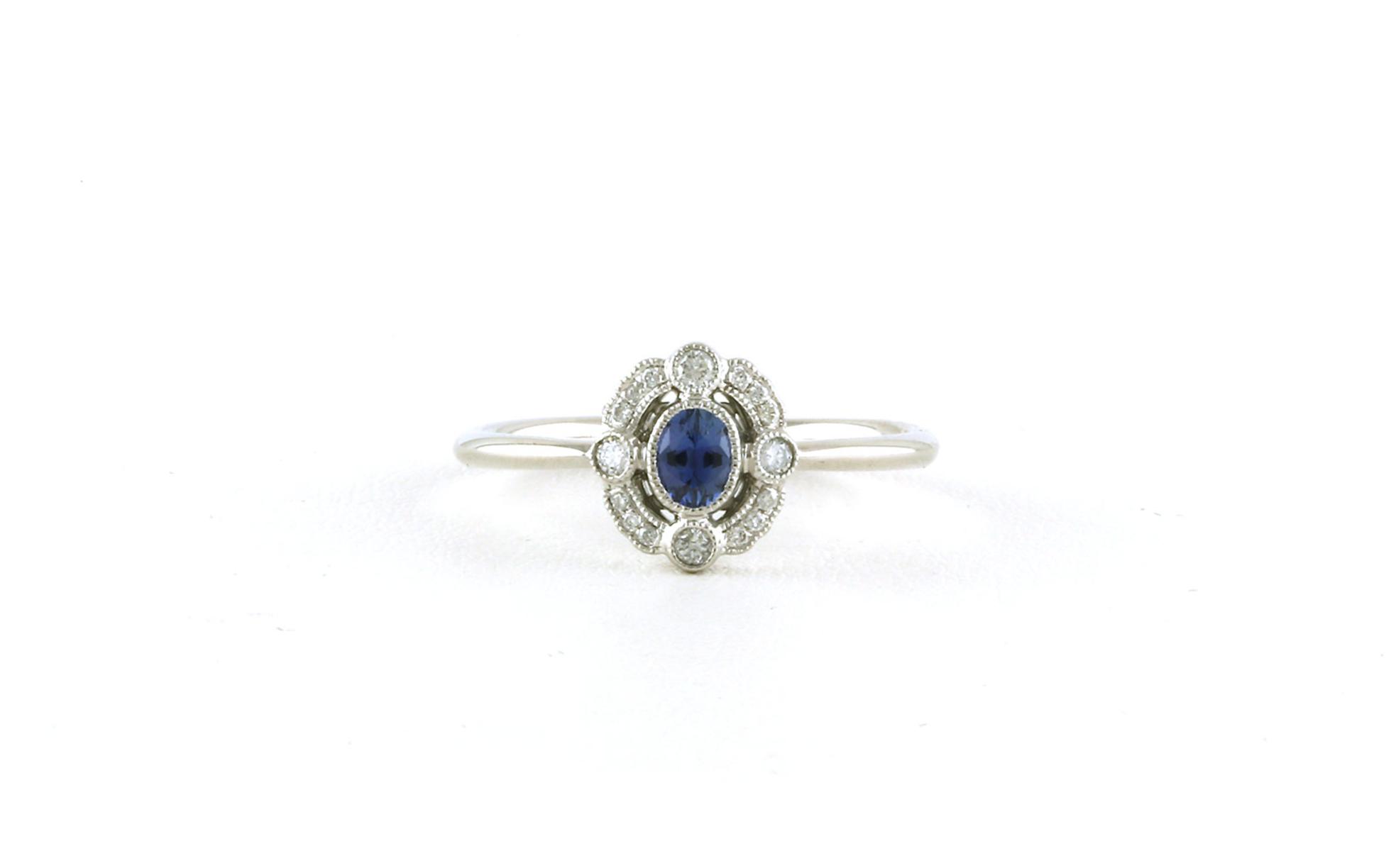 Antique-style Halo Oval-cut Montana Yogo Sapphire and Diamond Ring with Milgrain Details in White Gold (0.31cts TWT)